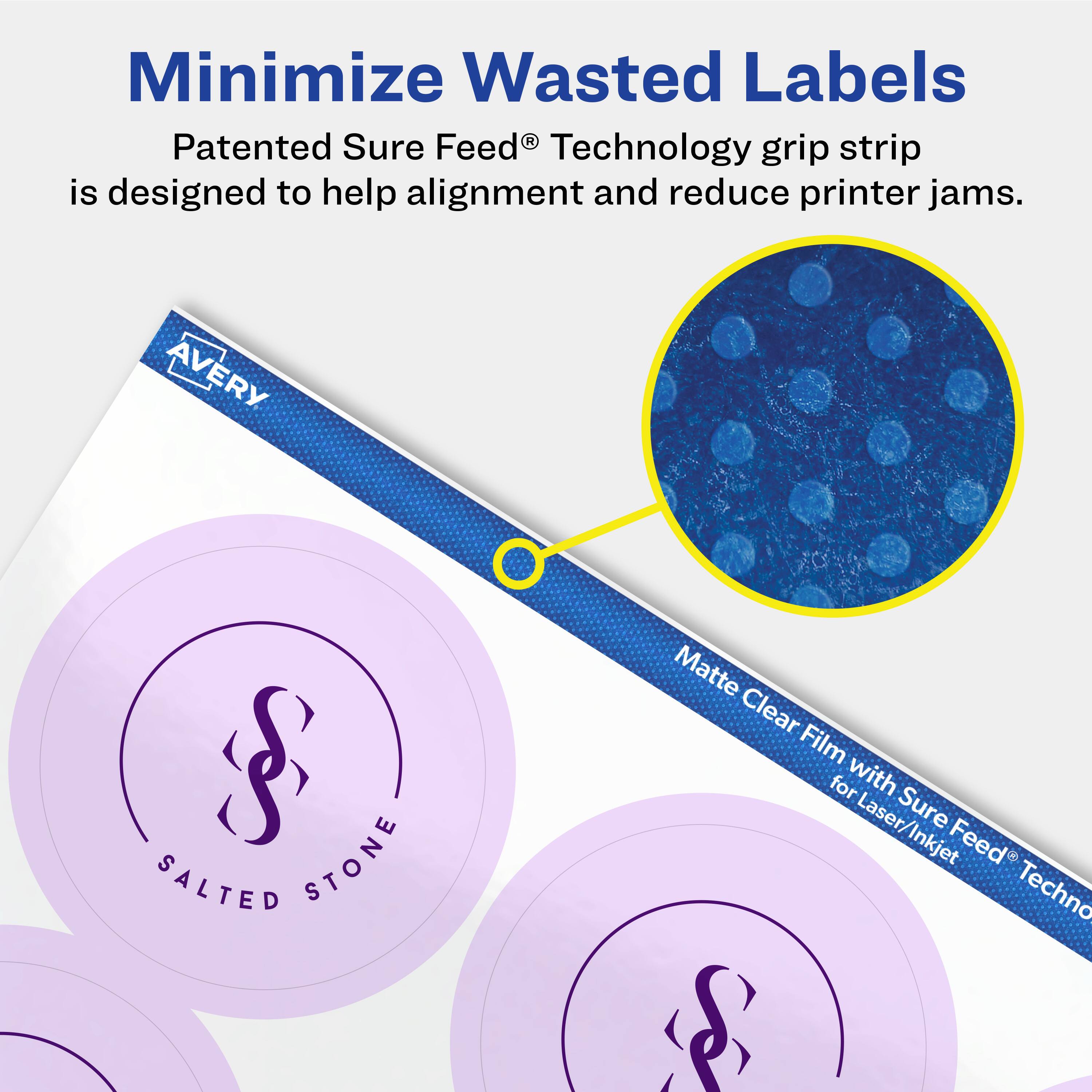 Minimize Wasted Labels

Patented Sure Feed® Technology grip strip is designed to help alignment and reduce printer jams.

AVERY Matte Clear Film for Laser/Inkjet with Sure Feed® Technology