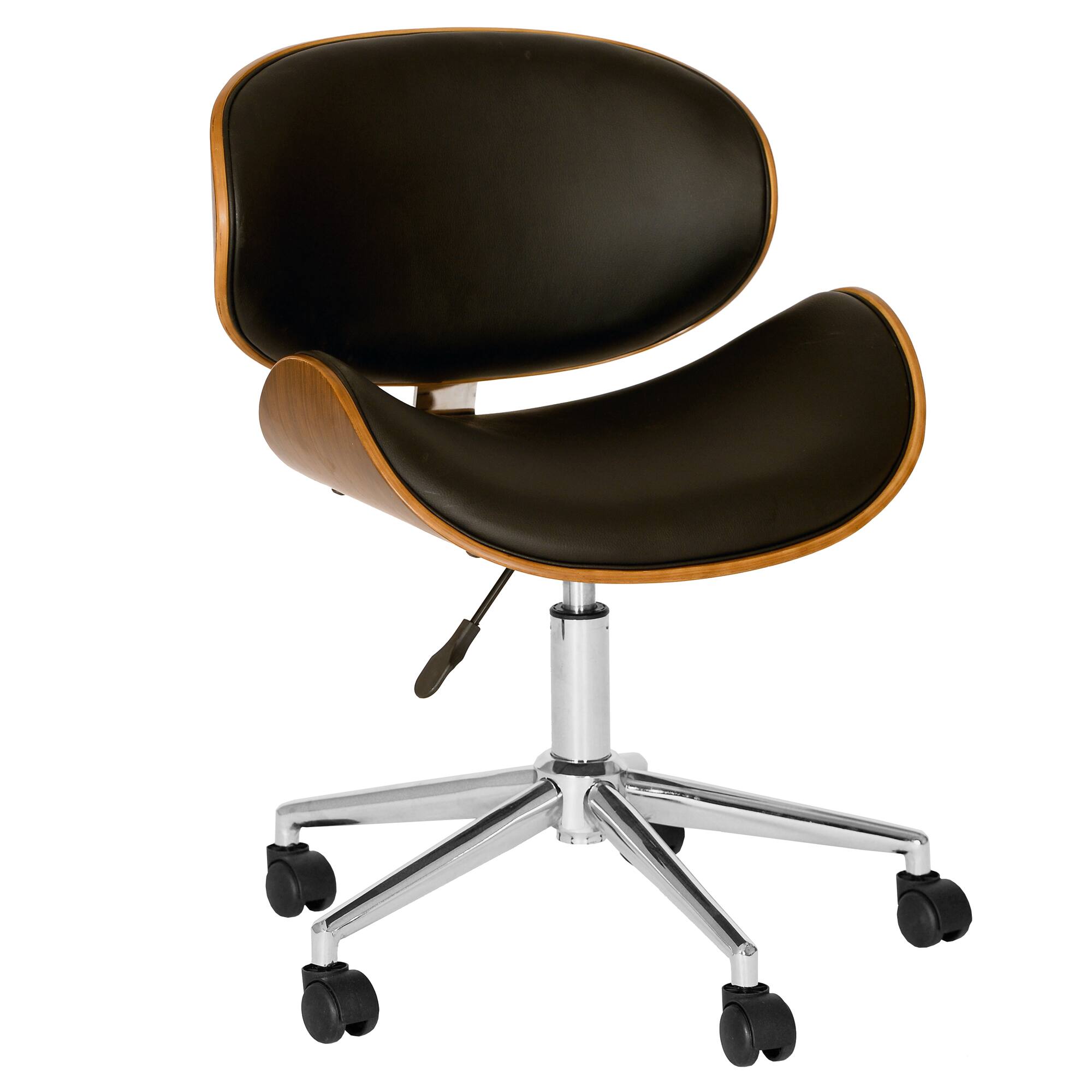 Front. Armen Living - Daphne Modern Office Chair In Chrome Finish with Black Faux Leather And Walnut Veneer Back - Black.