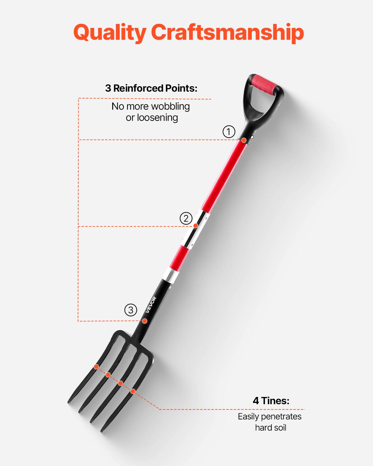 Quality Craftsmanship

3 Reinforced Points:
No more wobbling or loosening

4 Tines:
Easily penetrates hard soil