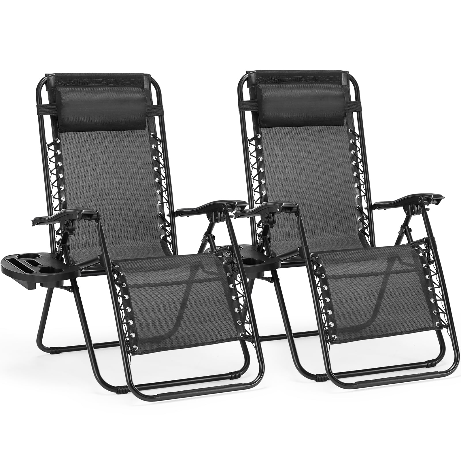 Anysun - 2-Pack Zero Gravity Lounge Chairs - Outdoor Patio Folding Recliners with Pillow & Cup Holder for Pool/Beach - Black