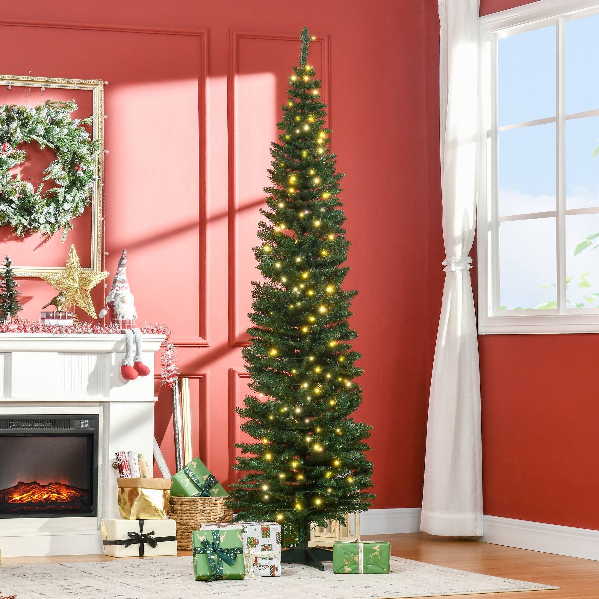 Alt View 1. Homcom - Pre-Lit Slim Noble Fir Artificial Christmas Tree, 200 Warm White LEDs, 499 Tips - green.