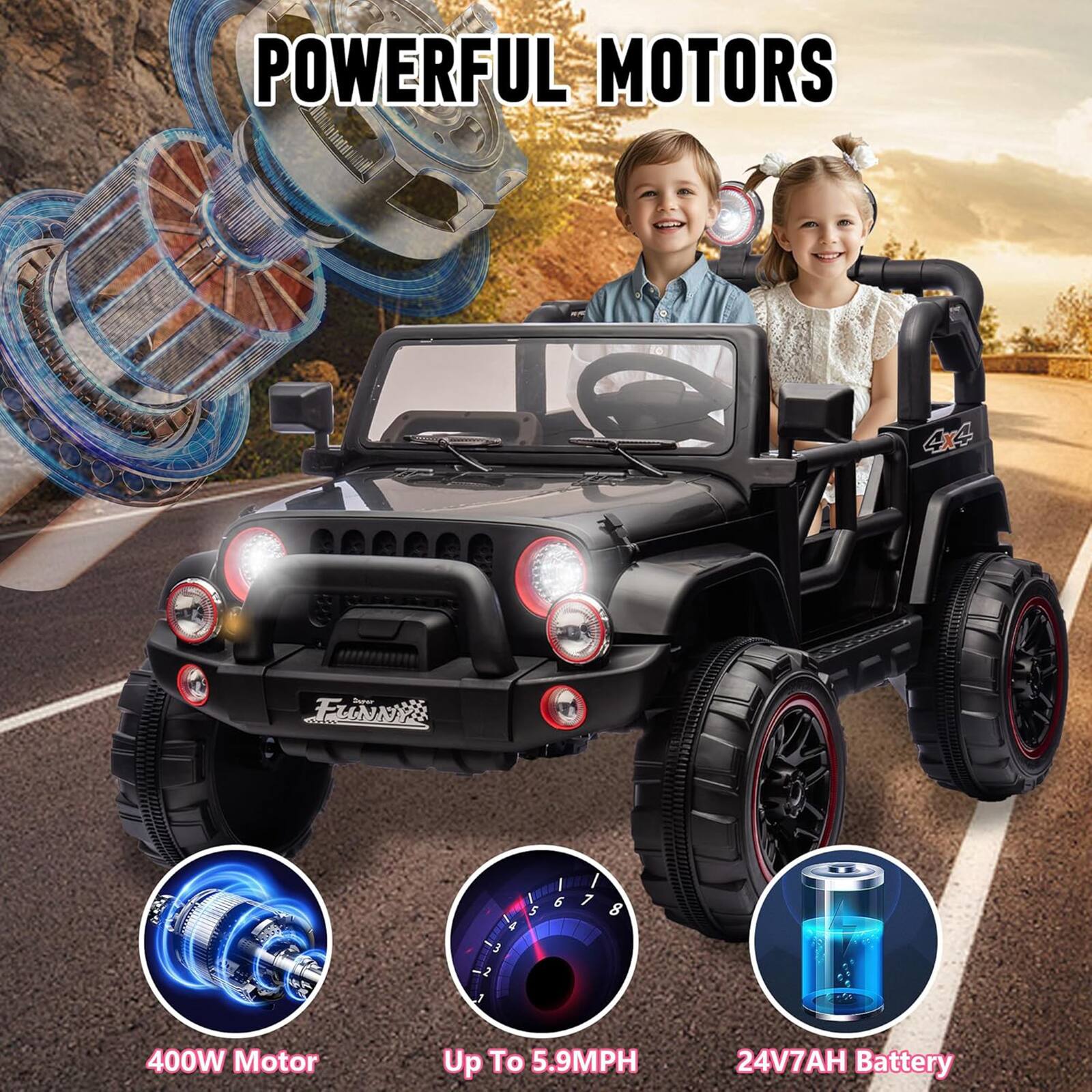 POWERFUL MOTORS

400W Motor

Up To 5.9MPH

24V7AH Battery