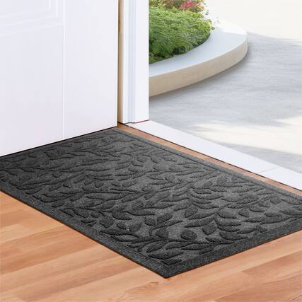 Front. G128 - Home Entrance Leaves Door Mat 17 x 29.5 in Thick Polypropylene with Natural Rubber Non-Slip Backing Indoor/Outdoor - Grey.