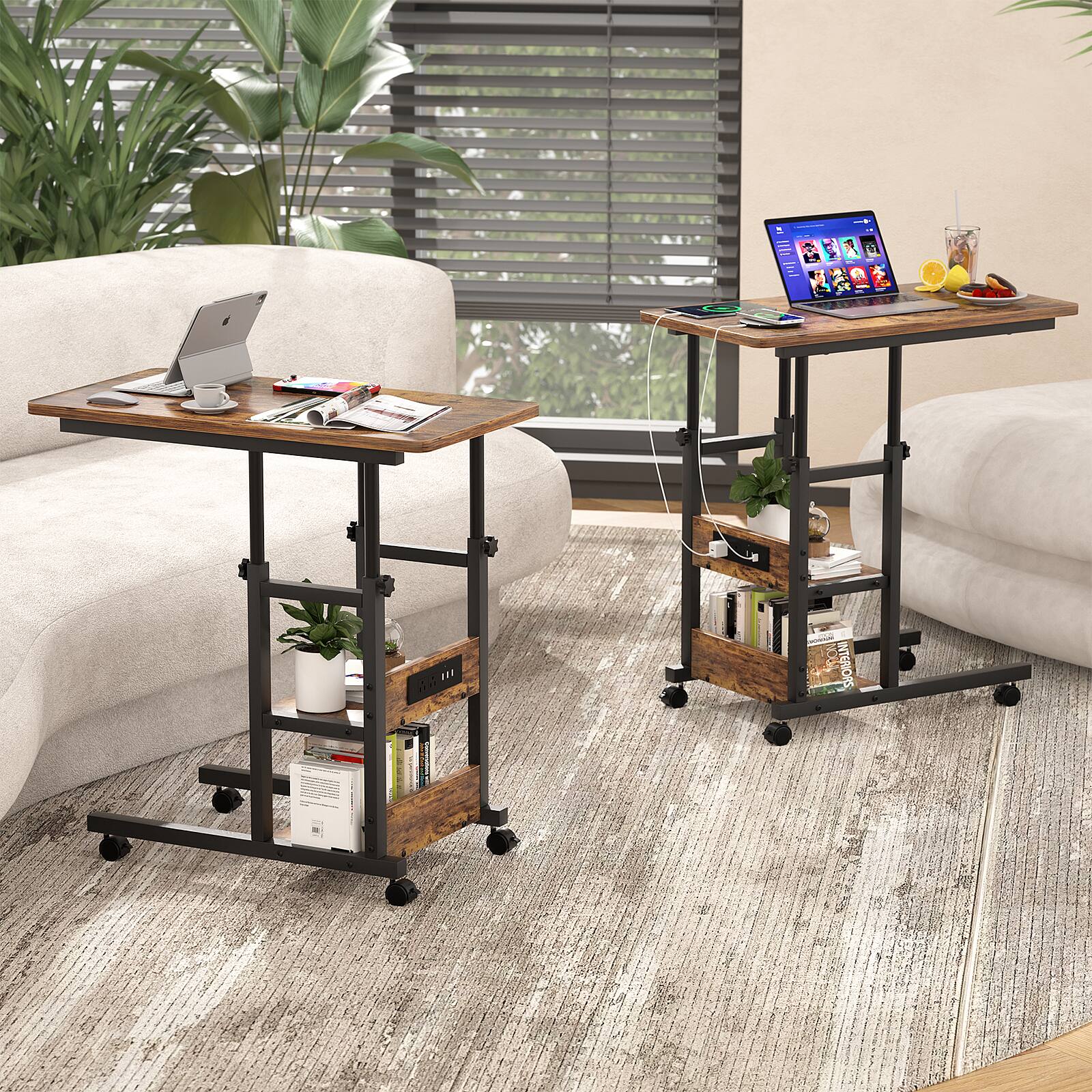 Left. Aheaplus - C-Shaped Height Adjustable End Table with Power Outlet, Side Table with Storage Shelves - Brown.