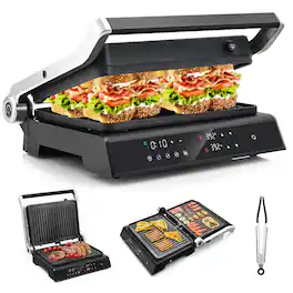 Costway - Electric Panini Press Grill Sandwich Maker with LED Display & Removable Drip Tray - Black