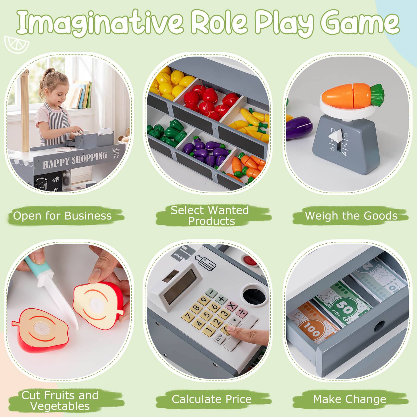 Imaginative Role Play Game

- Open for Business
- Select Wanted Products
- Weigh the Goods
- Cut Fruits and Vegetables
- Calculate Price
- Make Change