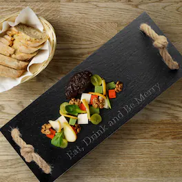 Uber Appliance - Elegant Rectangular Slate Stone Serving Tray with Jute Rope Handles - Black