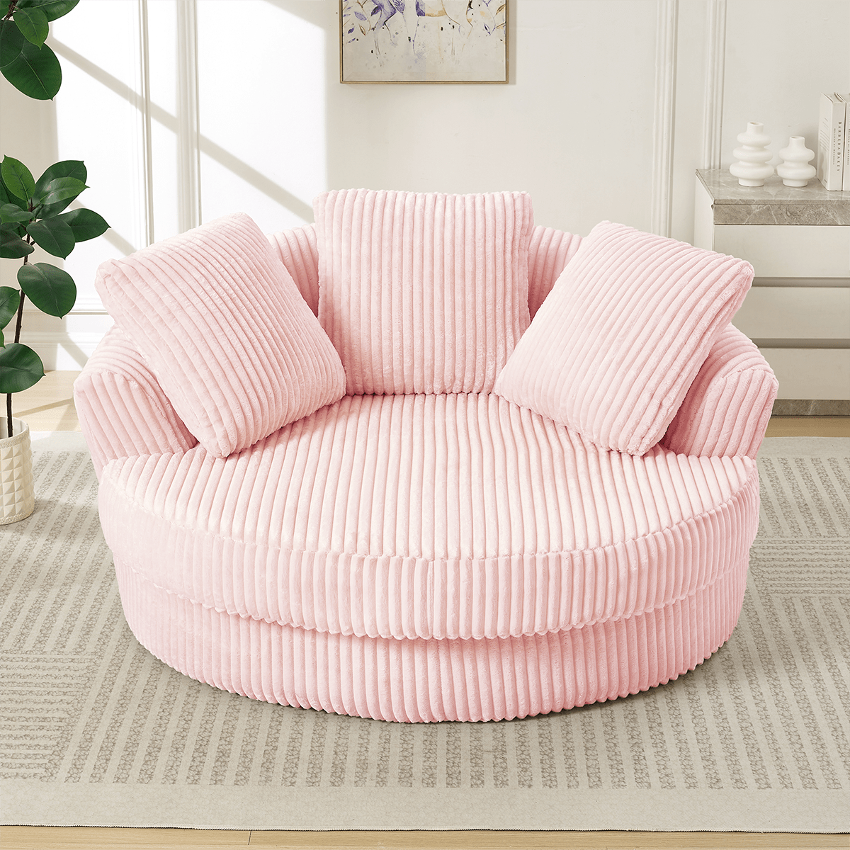 Angle. Trinkets Crazed - 60-Inch Oversized Round Chaise Longue Chair Indoor,Modern Upholstered Corduroy Deep Seat Single Cloud Floor Sofa Chair - Pink.