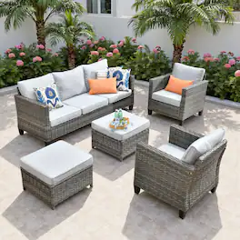 Ovios - 5 PCS Patio Furniture Set, Outdoor Wicker Sofa with Ottomans for Garden Porch Backyard - Gray