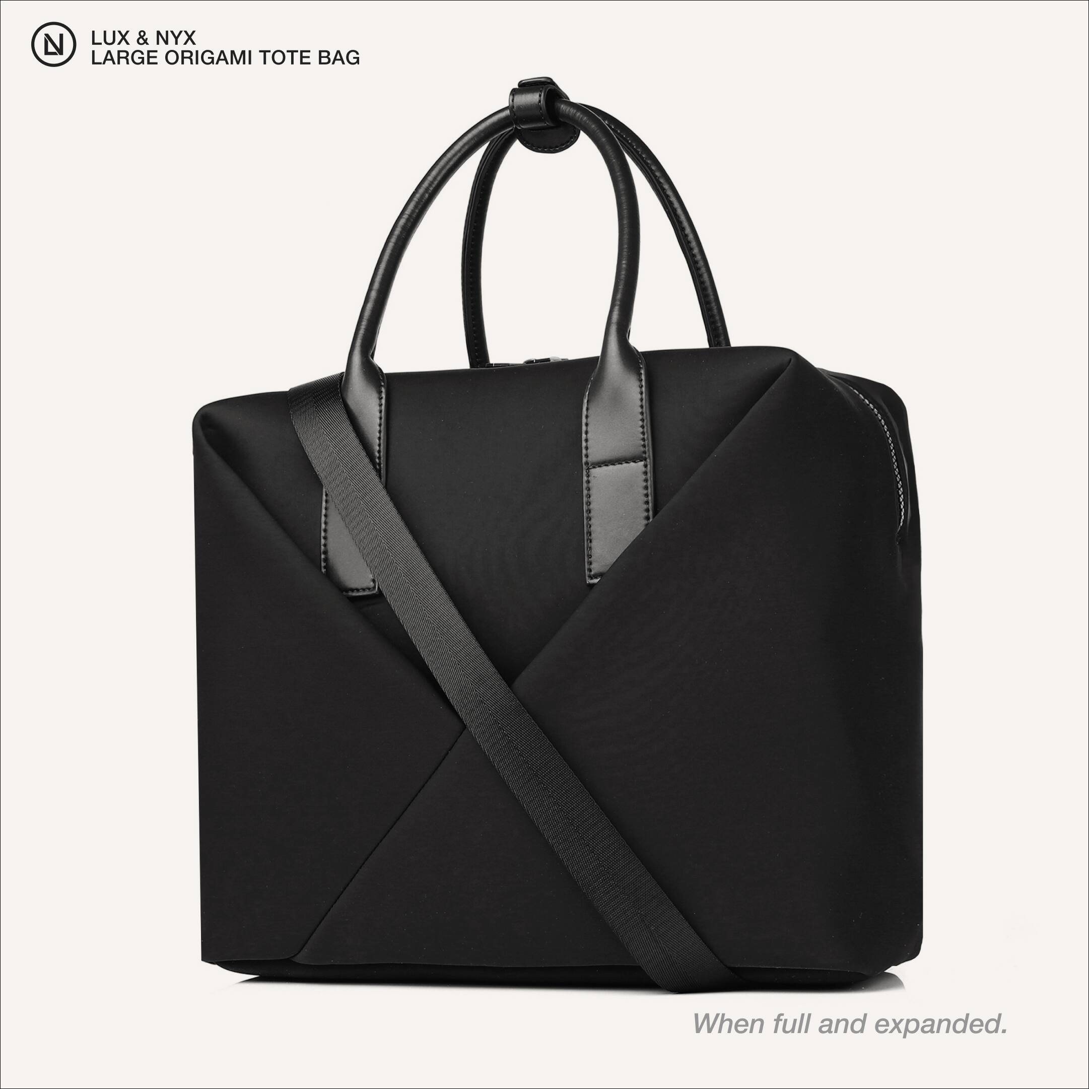 LUX & NYX LARGE ORIGAMI TOTE BAG  
When full and expanded.
