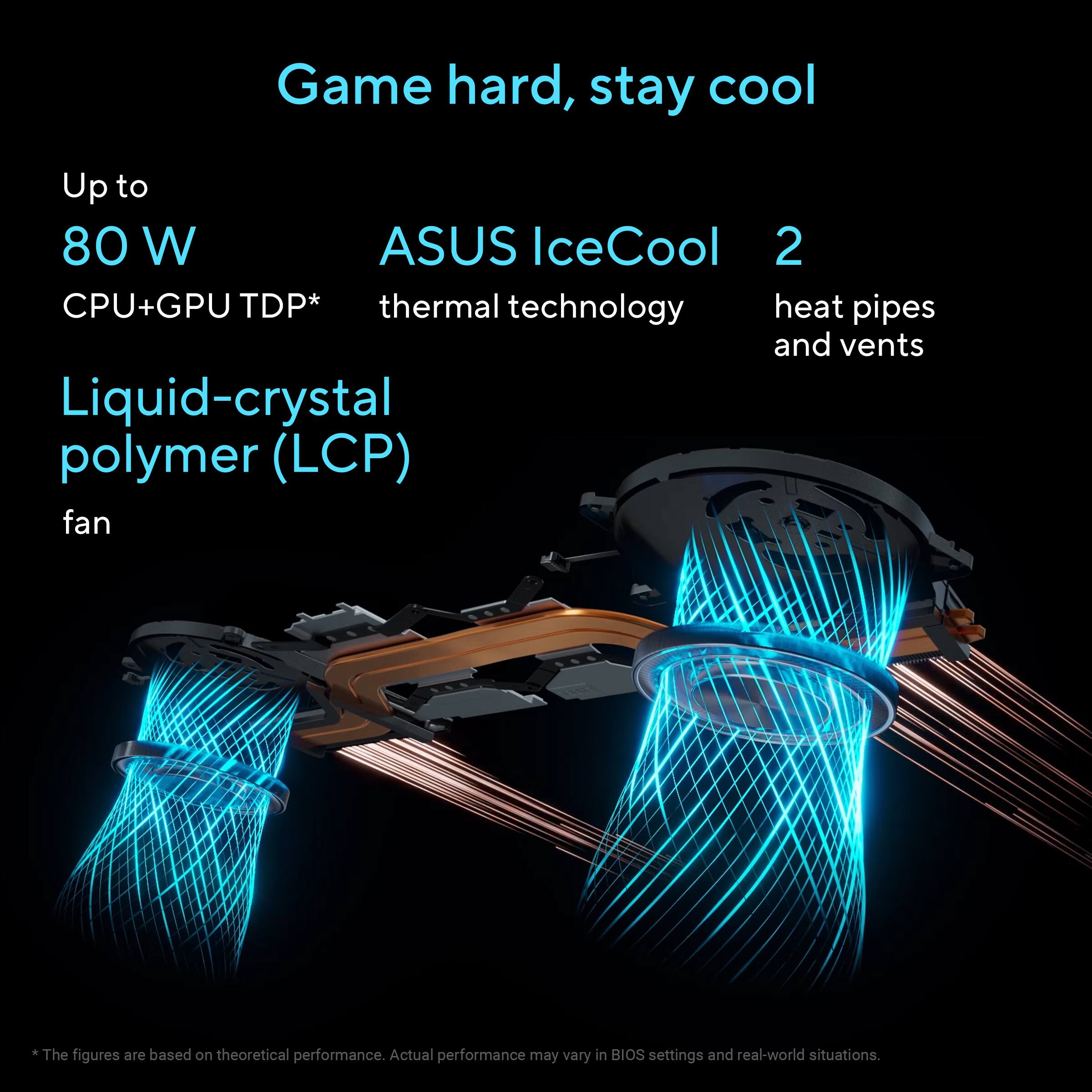 Game hard, stay cool

Up to 80 W ASUS IceCool 2 CPU+GPU TDP* thermal technology heat pipes and vents Liquid-crystal polymer (LCP) fan

*The figures are based on theoretical performance. Actual performance may vary in BIOS settings and real-world situations.