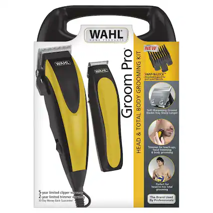 WAHL HOME PRODUCTS
NEW Pro Grooming Kit
WAHL SNAP-N-LOCK Grooming Attachment Guard
Goof-proof Haircuts
Self-Sharpening Blades Stay Sharp Longer
TOTAL HEAD & BODY Trimmer
Facial, Body Trimming & Touch-ups
5-year Limited Clipper Warranty
2-year Limited Trimmer Warranty
30-Day Money Back Guarantee!
Perfect for head-to-toe total grooming
The Brand Used By Professionals