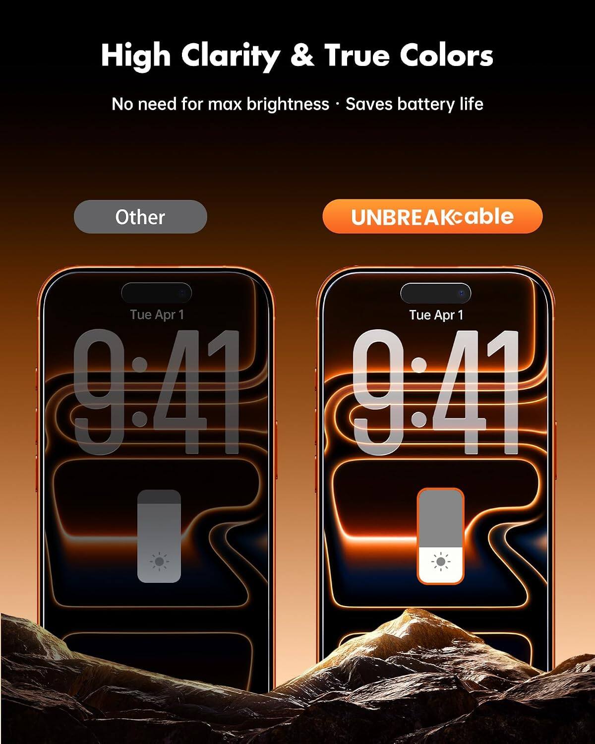 High Clarity & True Colors  
No need for max brightness • Saves battery life  

Other  
UNBREAKcable  

Tue Apr 1 9:41  
Tue Apr 1 9:41
