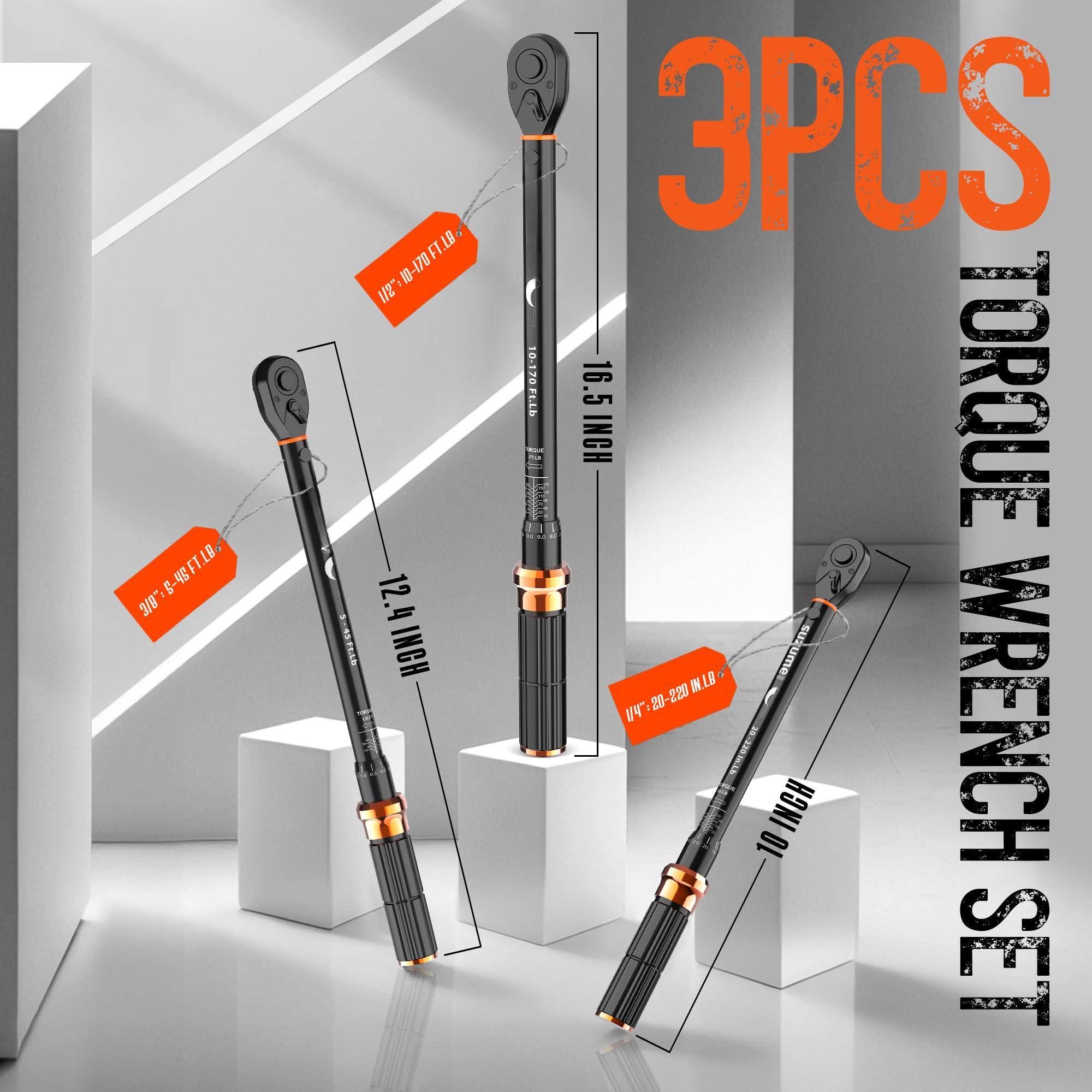 3PCS TORQUE WRENCH SET

- 10-170 FT.LB
- 12.4 INCH
- 10-170 INCH TORQUE
- 10-220 MLB
- 10-170 FT.LB
- 10-170 INCH TORQUE
- 10-220 MLB
- 10-170 FT.LB
- 10-170 INCH TORQUE
- 10-220 MLB

10.5 INCH
12.4 INCH
16.5 INCH