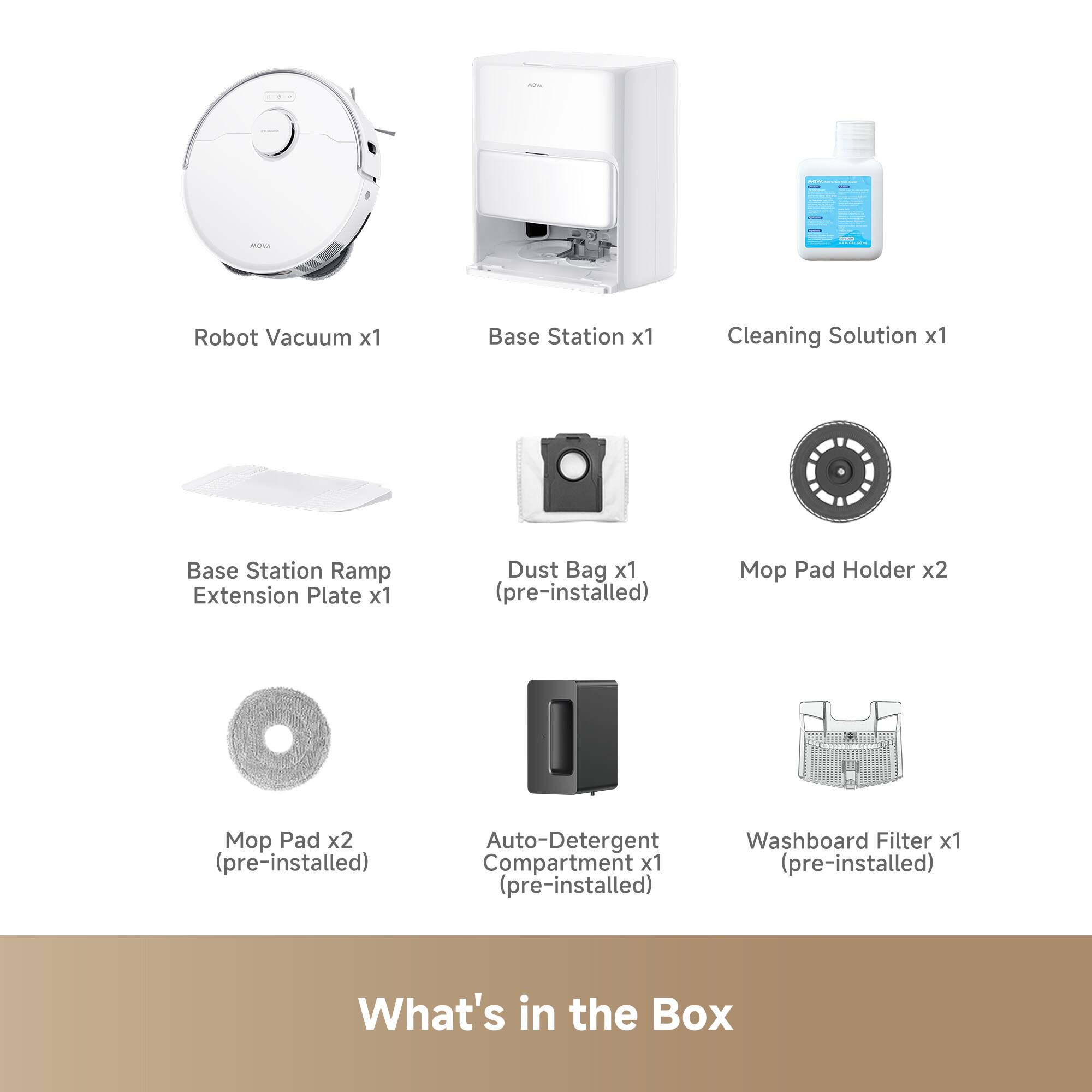 Robot Vacuum x1, Base Station x1, Cleaning Solution x1, Base Station Ramp Extension Plate x1, Dust Bag x1 (pre-installed), Mop Pad Holder x2, Mop Pad x2 (pre-installed), Auto-Detergent Compartment x1 (pre-installed), Washboard Filter x1 (pre-installed), What's in the Box