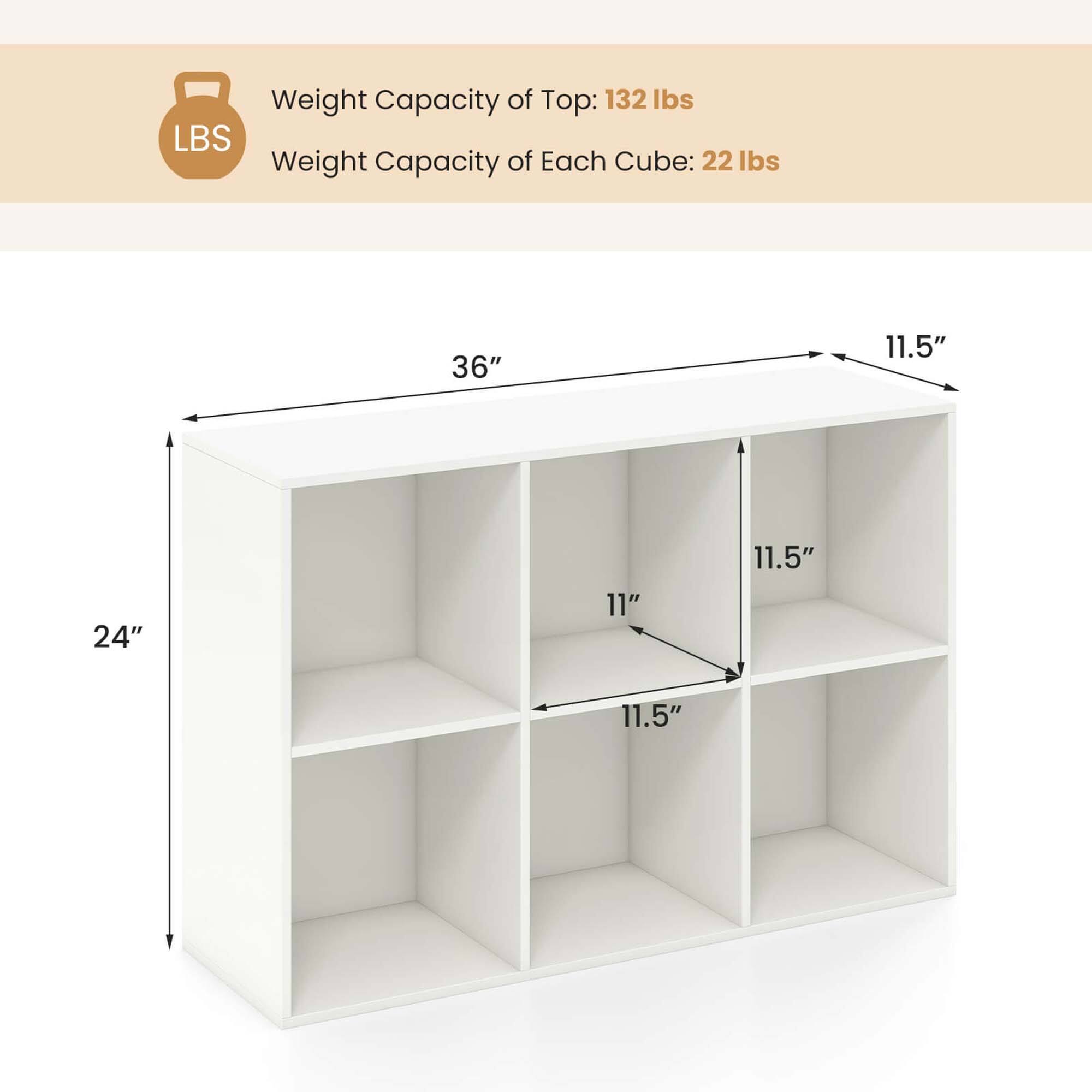 The image shows a white shelving unit with a weight capacity of 132 lbs for the top shelf and 22 lbs for each cube. The dimensions of the shelving unit are 36" in length, 11.5" in width, and 24" in height. The weight capacity of each cube is 11 lbs, and the shelving unit is 11.5" tall.