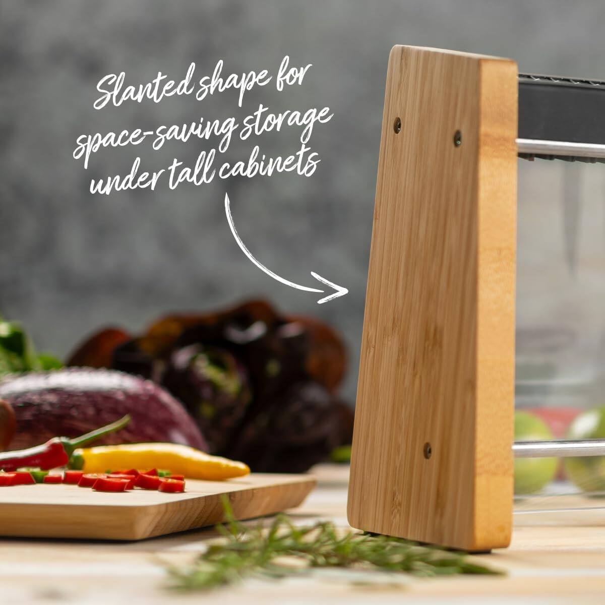 Slanted shape for space-saving storage under tall cabinets
