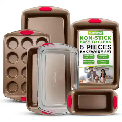 nutrichef NON-STICK EASY TO CLEAN 6 PIECES BAKEWARE SET
2 Cookie Sheet 17.3x9.5
Roaster Pan 16.1"x10"
12 Cup Muffin Pan 16.1x10.8
Loaf Pan 12.2x5.9"