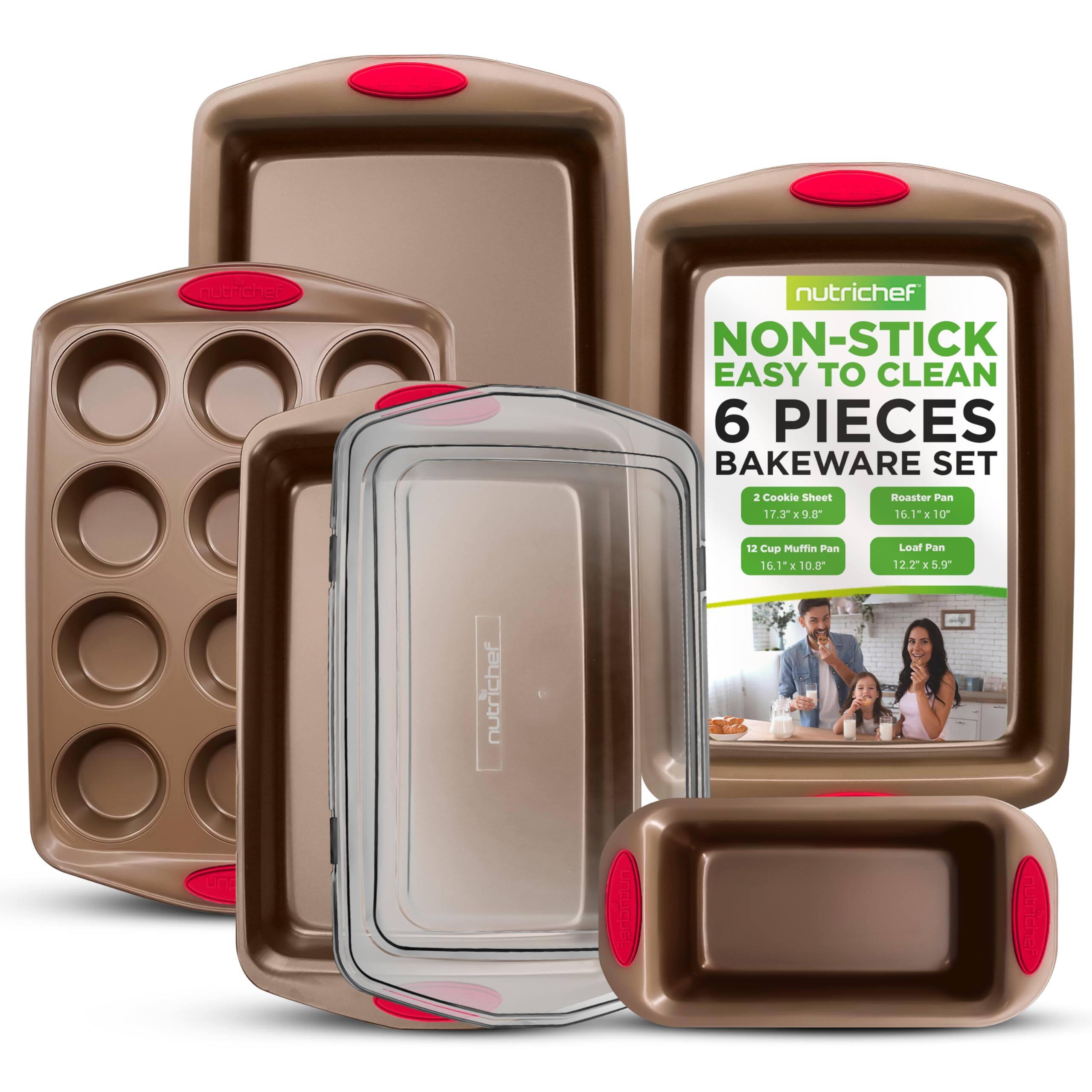 nutrichef NON-STICK EASY TO CLEAN 6 PIECES BAKEWARE SET
2 Cookie Sheet 17.3x9.5
Roaster Pan 16.1"x10"
12 Cup Muffin Pan 16.1x10.8
Loaf Pan 12.2x5.9"