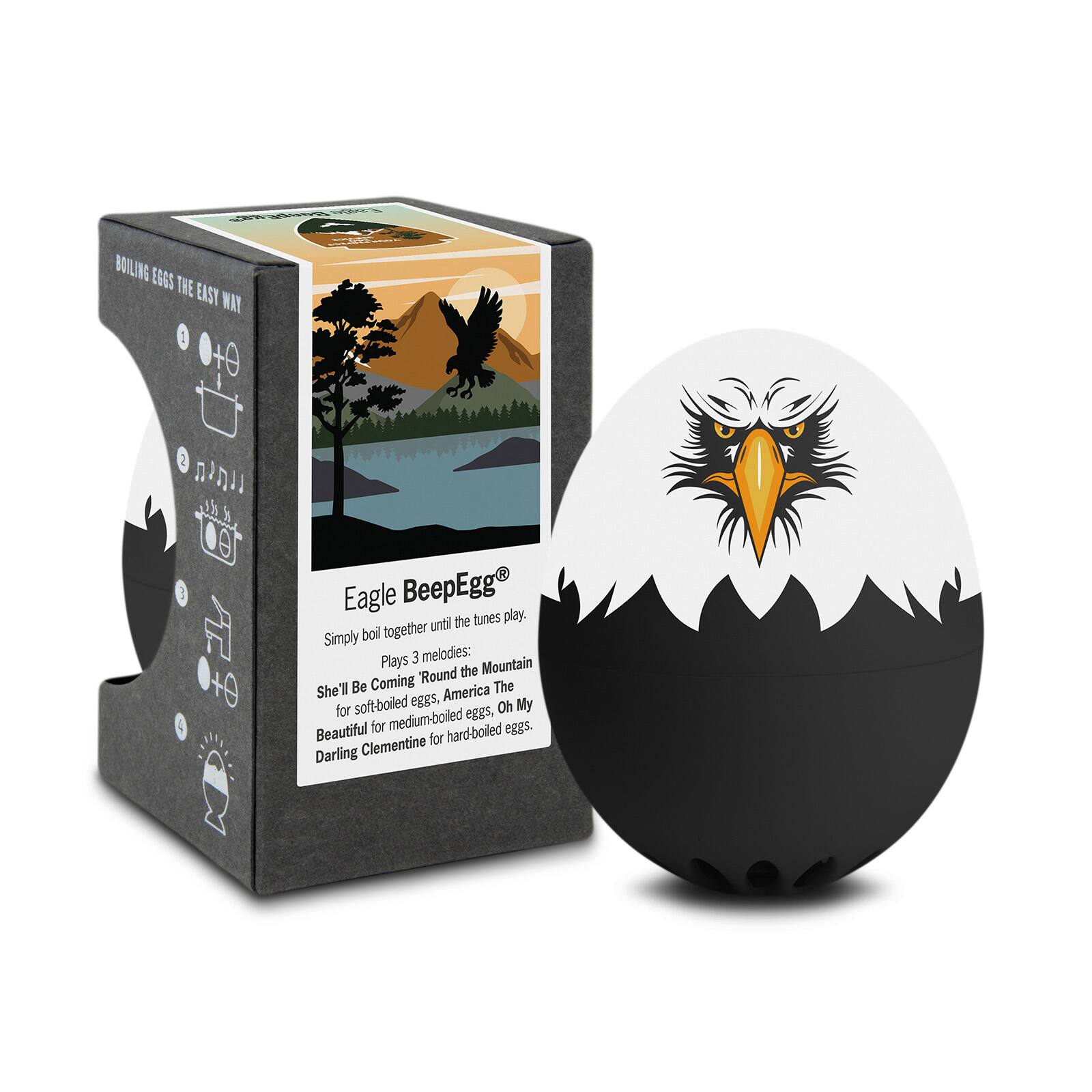 BOILING EGGS THE EASY WAY

Eagle BeepEgg®

Simply boil together until the tunes play. Plays 3 melodies:
Round the Mountain
She'll Be Coming America The
Beautiful for medium-boiled eggs, Oh My
Darling Clementine for hard-boiled eggs.