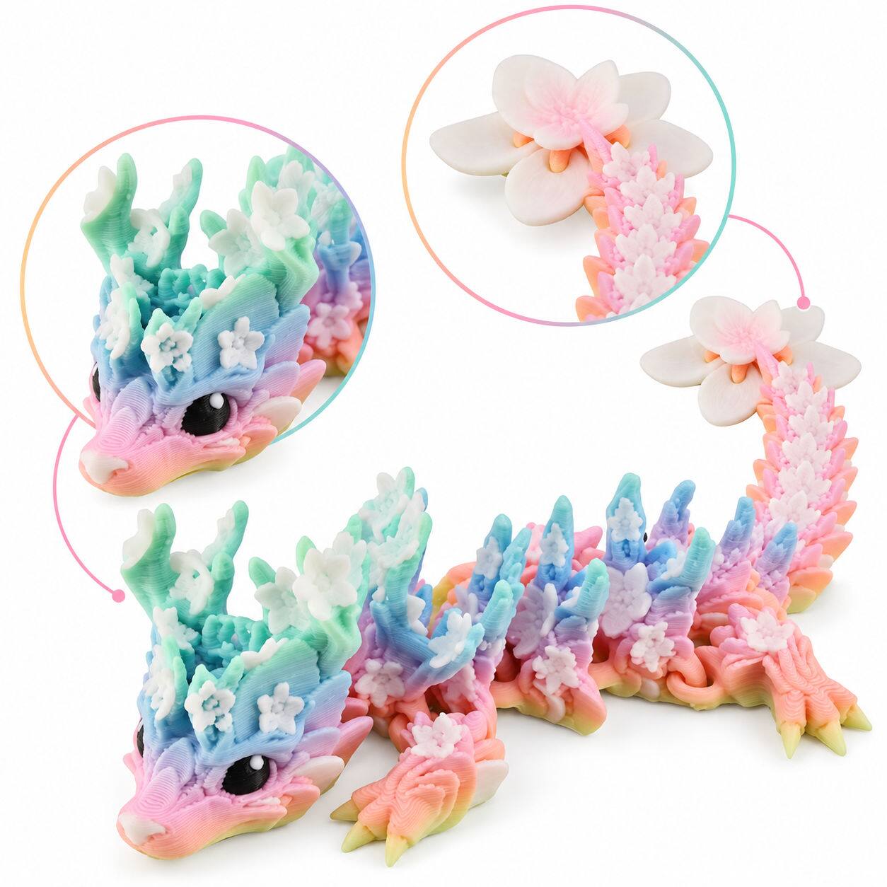 Left. JuzToys - Mini Articulated 3D Printed Dragon, Cute Baby Blossom Dragon, Poseable Fidget Toy 4.5" | Made in USA by PowerTRC - Multicolored.