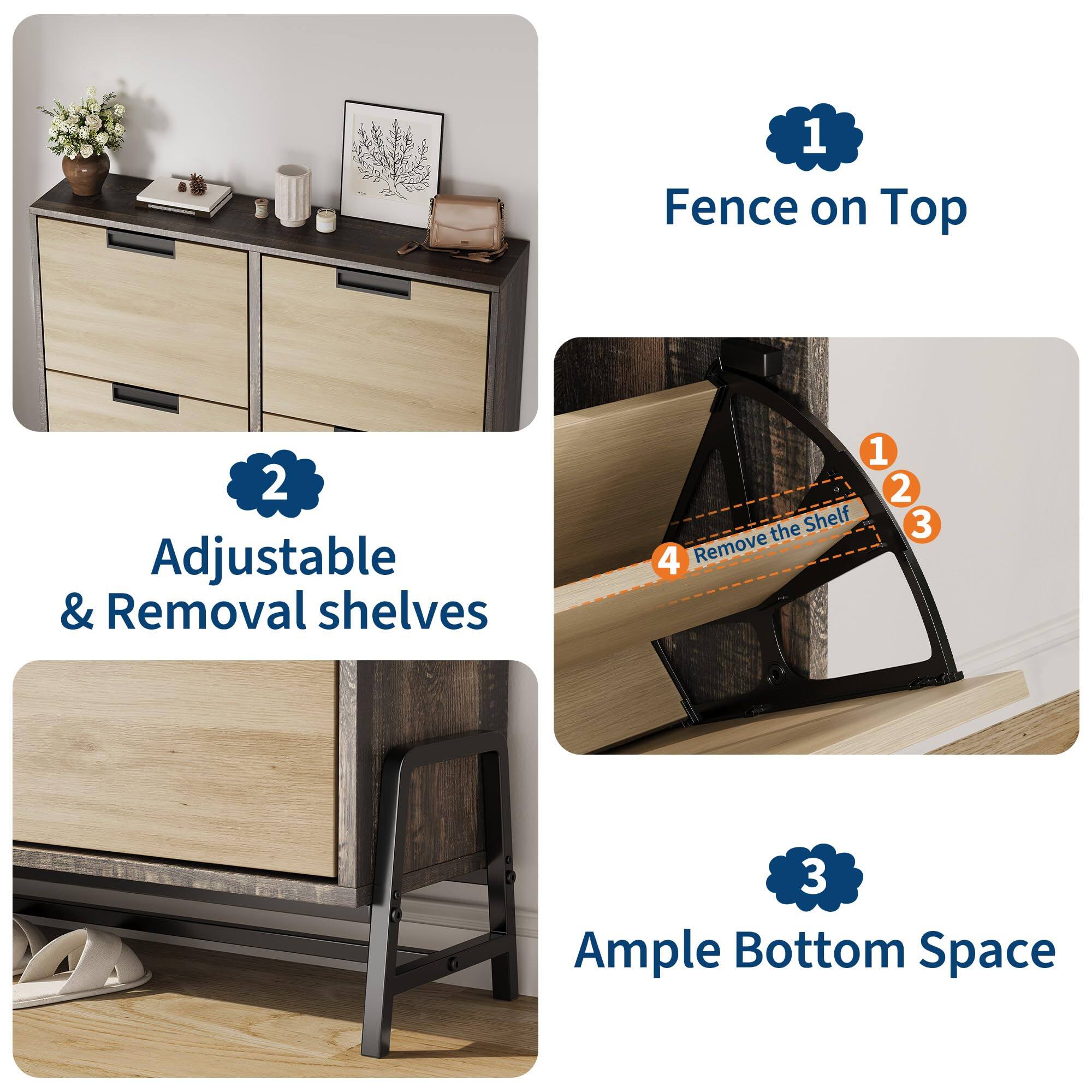 1. Fence on Top  
2. Adjustable & Removal shelves  
3. Ample Bottom Space