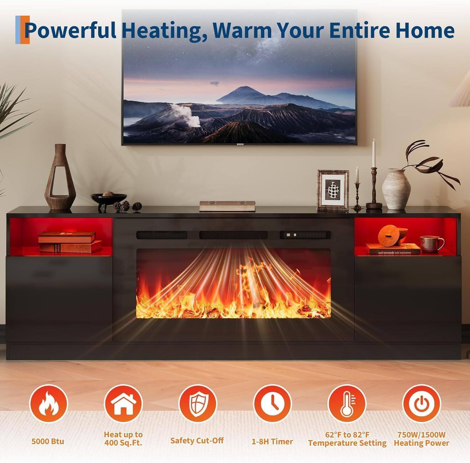 Powerful Heating, Warm Your Entire Home

- 5000 Btu
- Heat up to 400 Sq.Ft.
- Safety Cut-Off
- 1-8H Timer
- 62°F to 82°F Temperature Setting
- 750W/1500W Heating Power