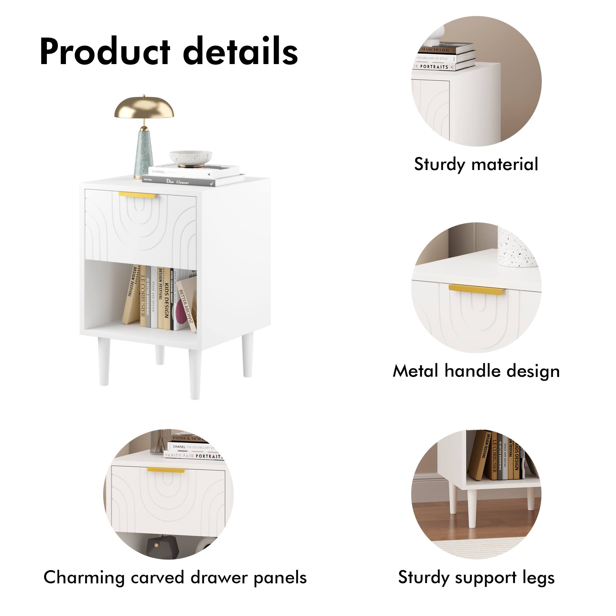 Product details

- Sturdy material
- Metal handle design
- Charming carved drawer panels
- Sturdy support legs