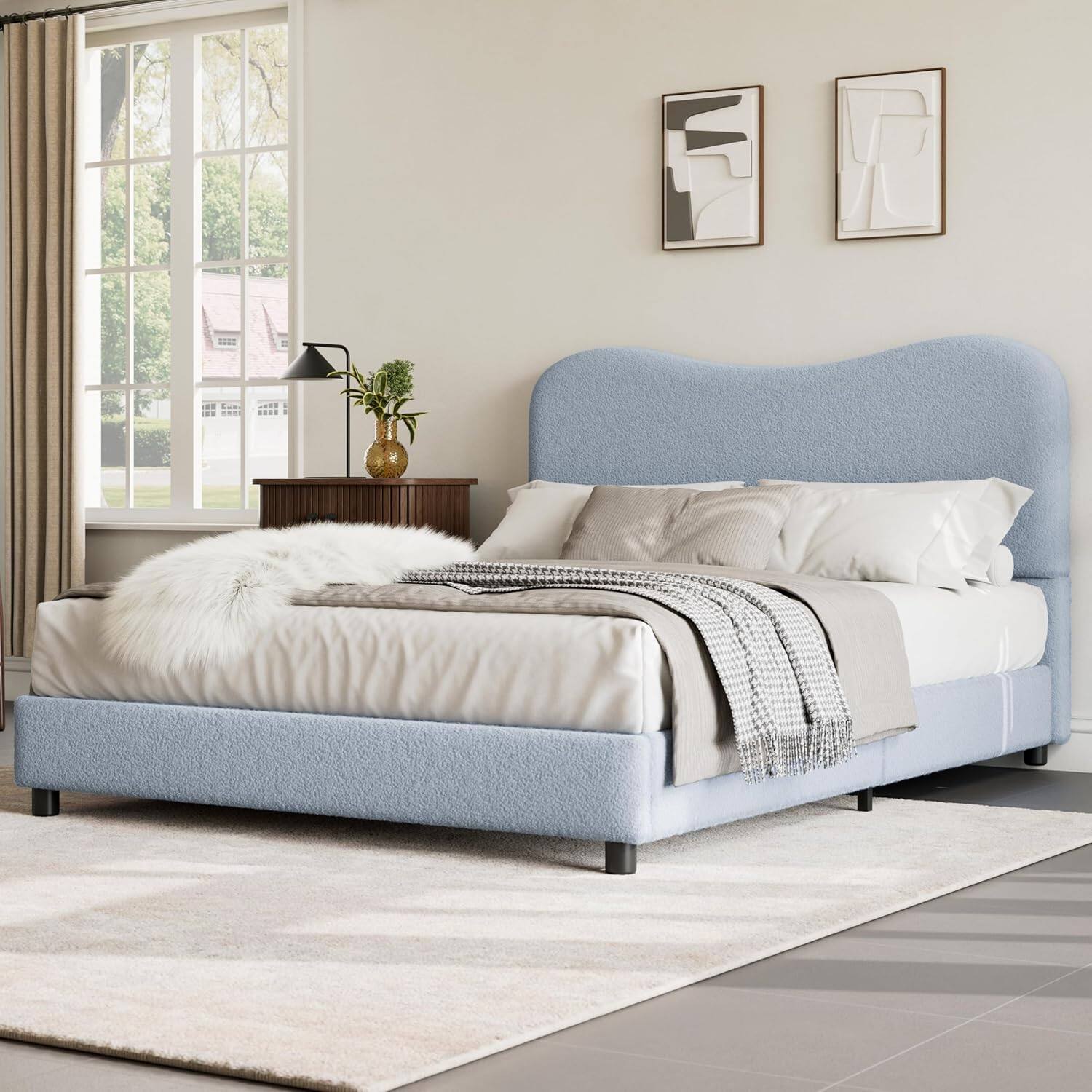 Front. Qeetex - Upholstered Kids Bed Frame with Soft Boucle Fabric Headboard, Wooden Slats Support, Low Profile Frame - Blue.