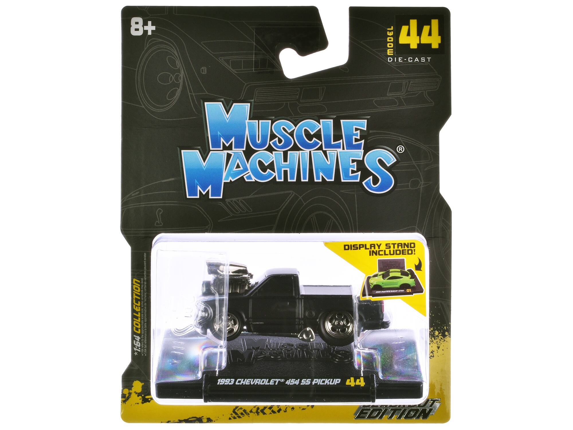 8+ MODEL 44 DIE-CAST  
MUSCLE MACHINES  
COLLECTION  
*1:64  
DISPLAY STAND INCLUDED!  
1993 CHEVROLET 454 SS PICKUP 44  
EDITION