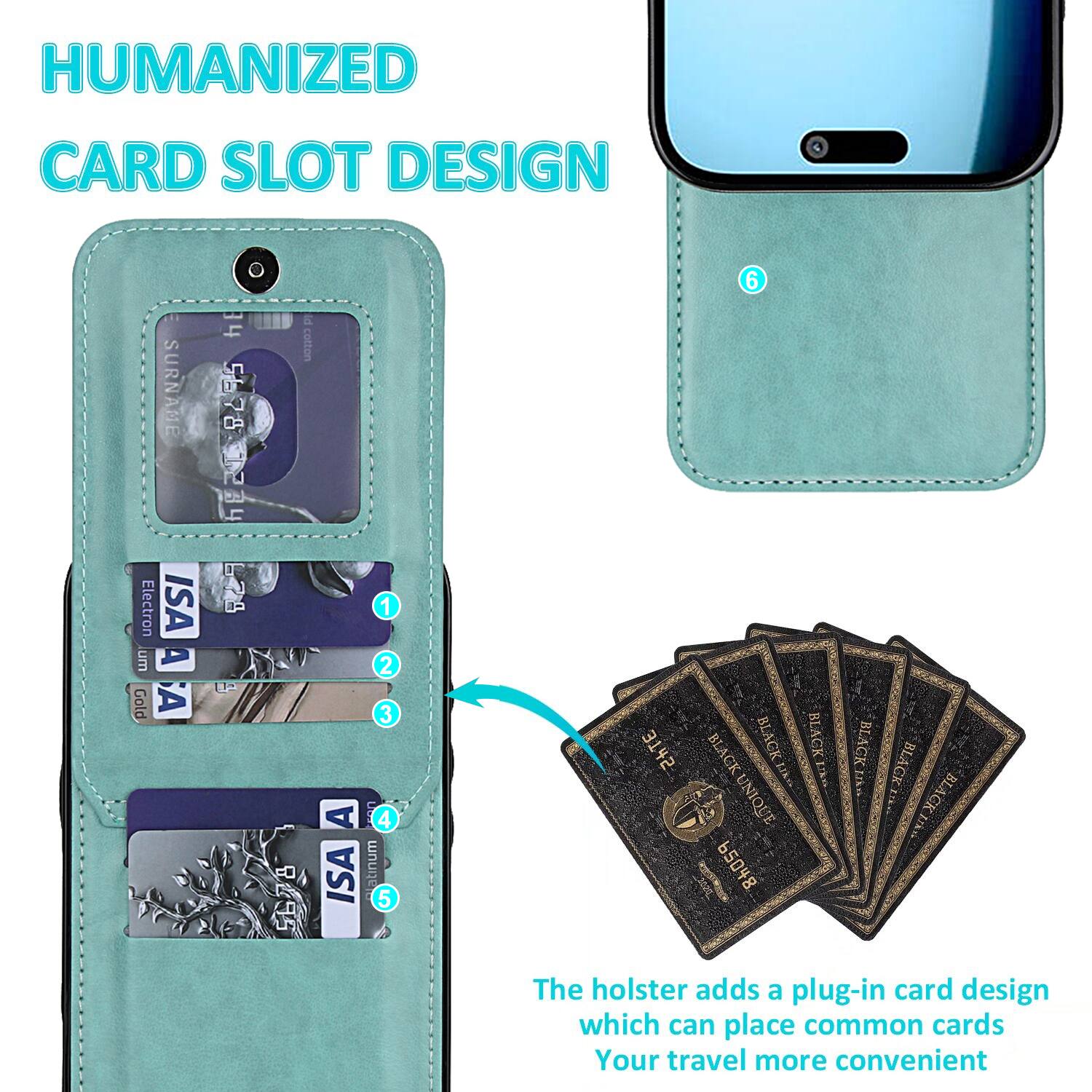 HUMANIZED CARD SLOT DESIGN

The holster adds a plug-in card design which can place common cards, making your travel more convenient.