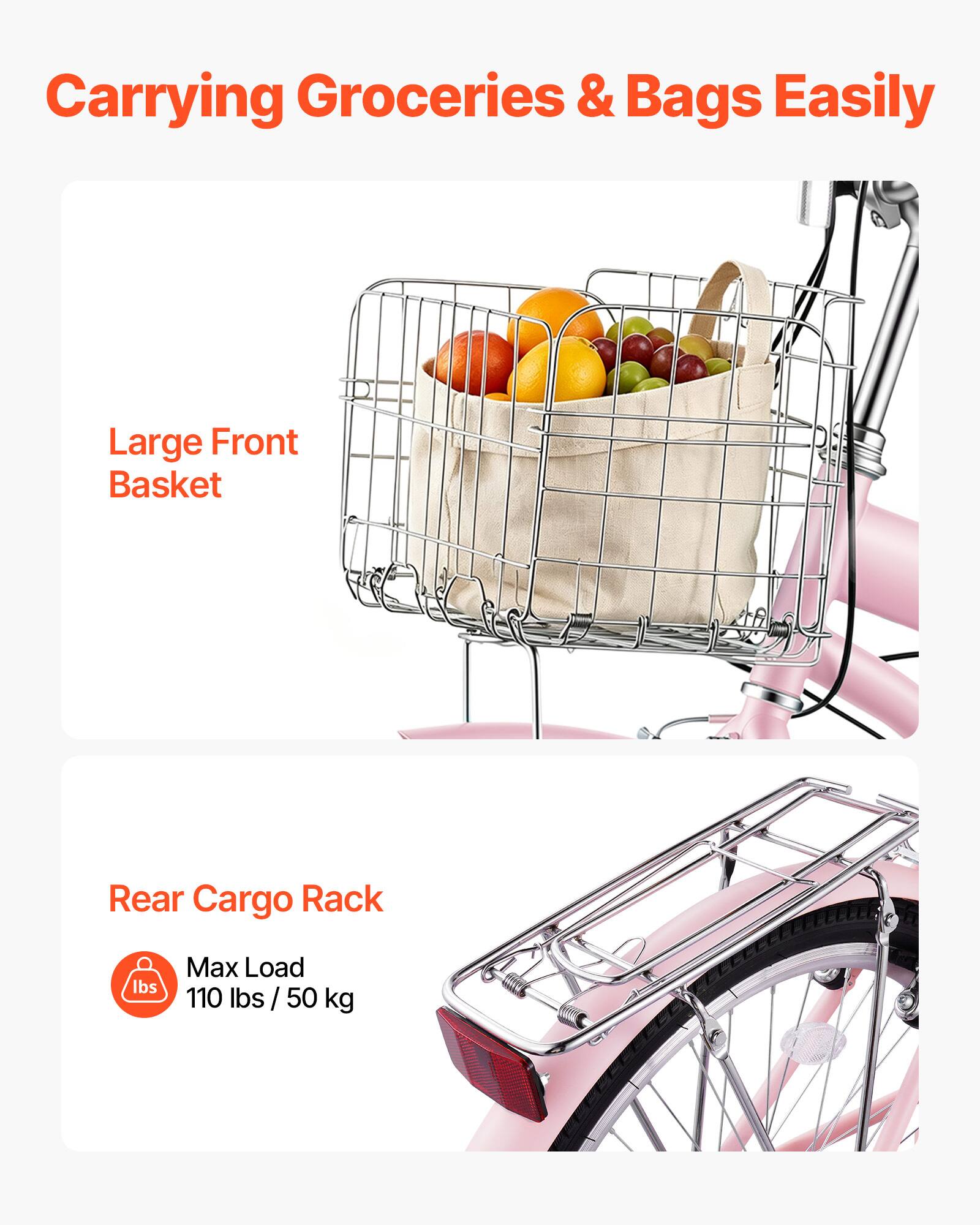 Carrying Groceries & Bags Easily  
Large Front Basket  
Rear Cargo Rack  
Max Load: 110 lbs / 50 kg
