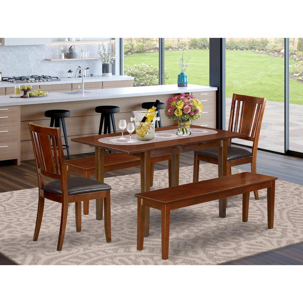Alt View 2. East West Furniture - 5 PC Small Kitchen table set - Table with Leaf plus 2 Kichen Chairs and 2 Benches - Mahogany.
