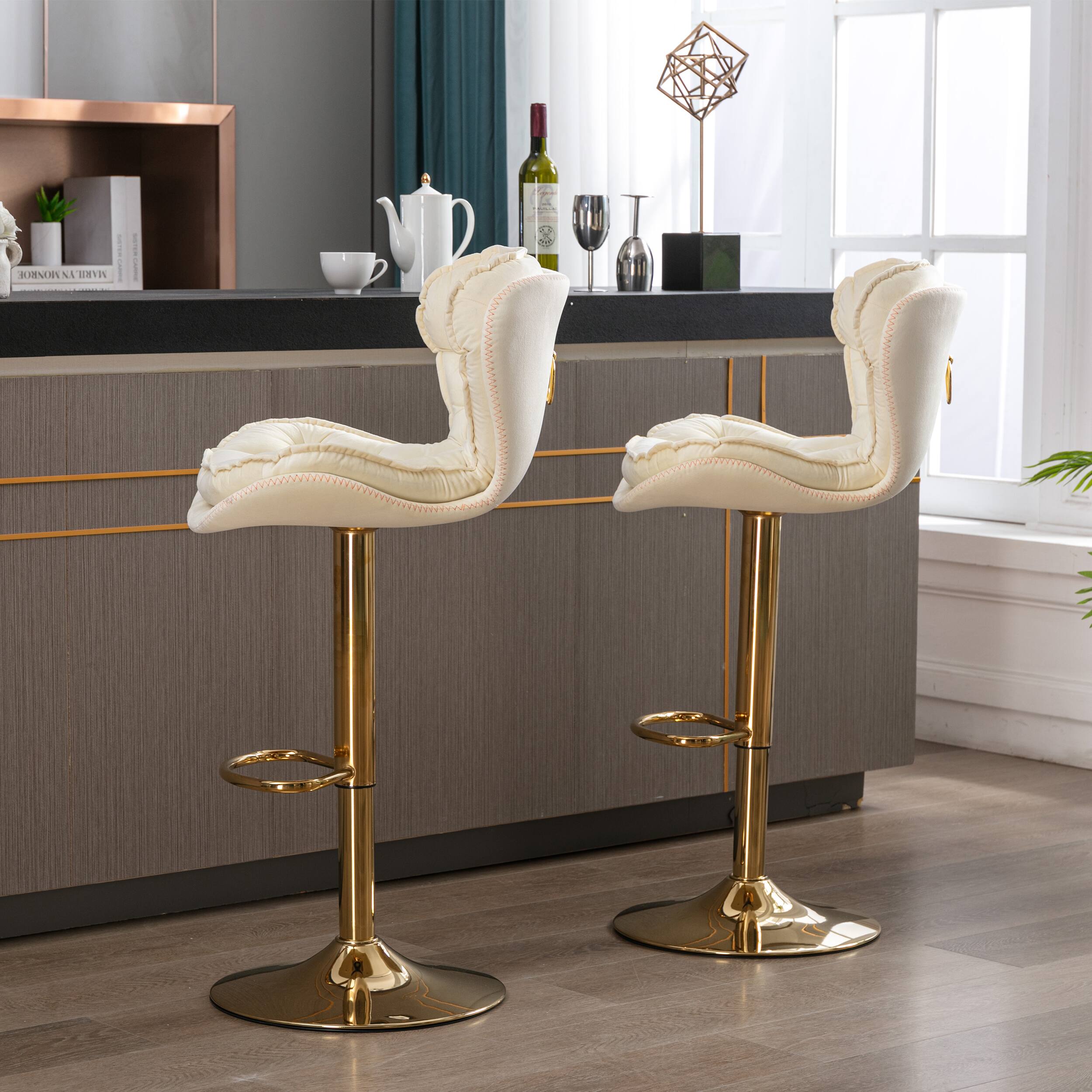 Alt View 1. APRILSOUL - Set of 2 Bar Stools Chrome Footrest Base Swivel Height Adjustable Velvet Golden Leg cream - Cream.