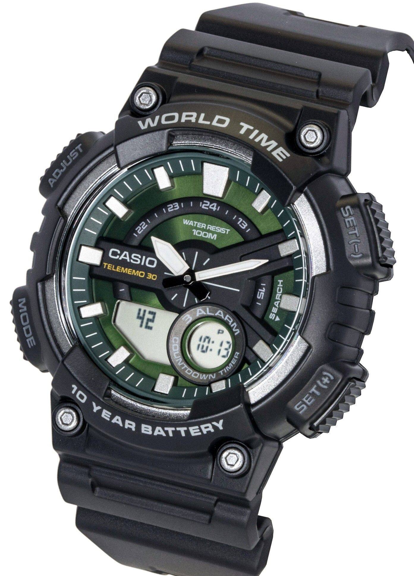 WORLD ADJUST TIME  
23 24 22  
WATER RESIST 100M  
CASIO  
TELEMEMO 30  
SEARCH MODE  
42 3  
ALARM P  
10:13  
10  
COMIDOWFING TIMER  
SET(-)  
YEAR  
BATTERY