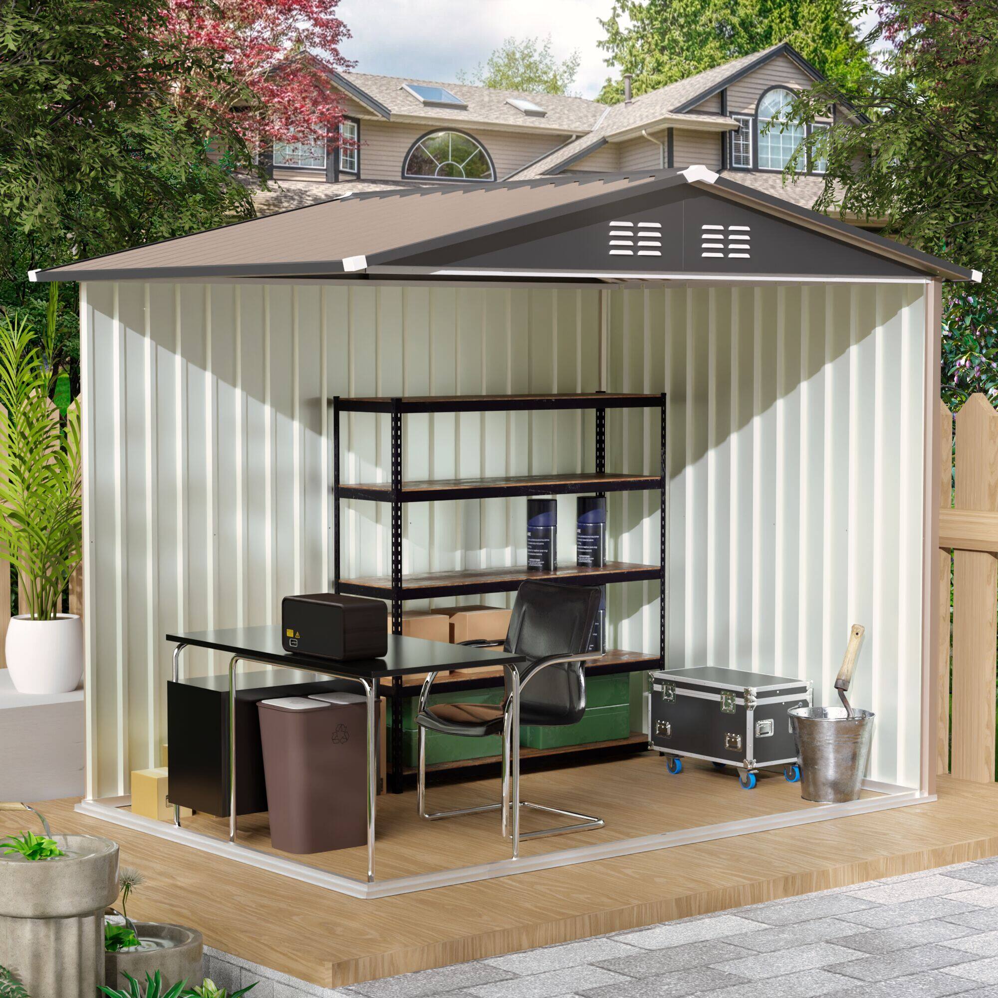 Angle. Anysun - 8FT x 6FT Garden Shed with Apex Roof – Galvanized Steel Metal Storage House for Patio, Backyard, Lawn - Brown.