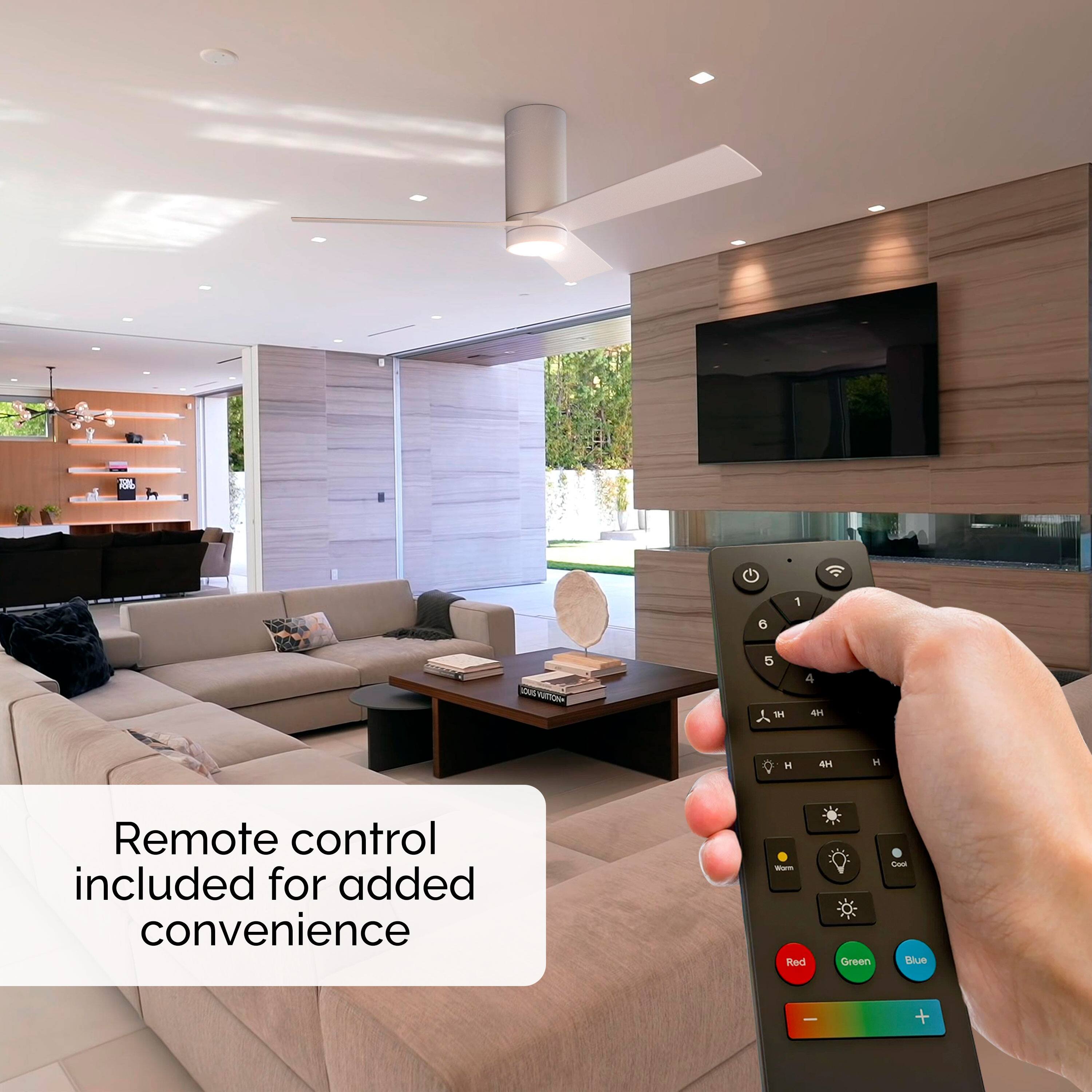 Remote control included for added convenience - Red Green - Blue - +