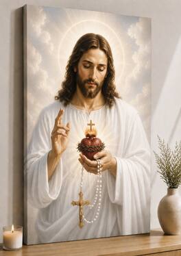 FC Design - Large Jesus Holding Sacred Heart Rosary Wall Art Canvas Print 24x36" Peaceful Catholic Meditation Home Decor - MultiColor