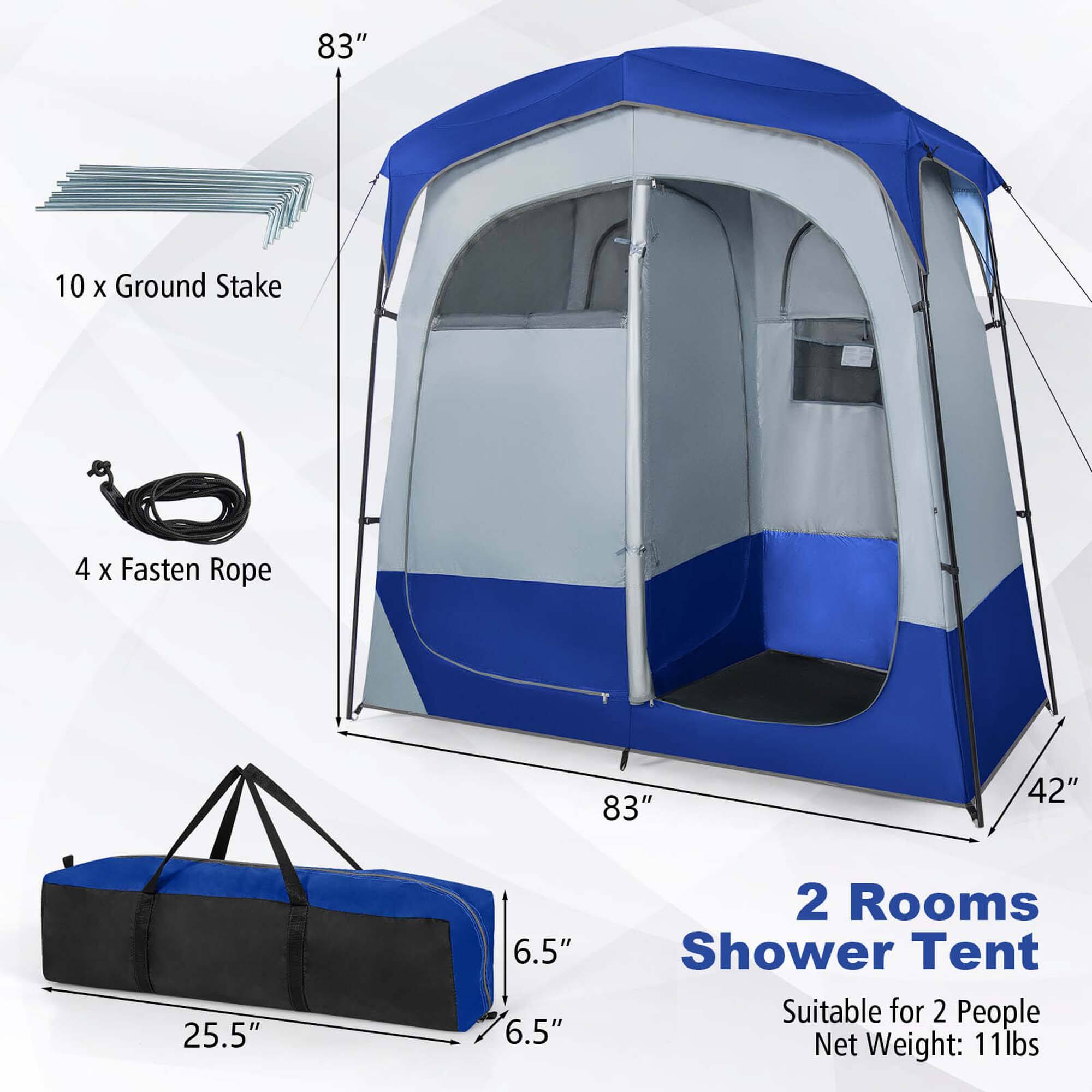 83"  
10 x Ground Stake  
4 x Fasten Rope  
83"  
42"  
25.5"  
6.5"  
6.5"  
2 Rooms Shower Tent  
Suitable for 2 People  
Net Weight: 11lbs