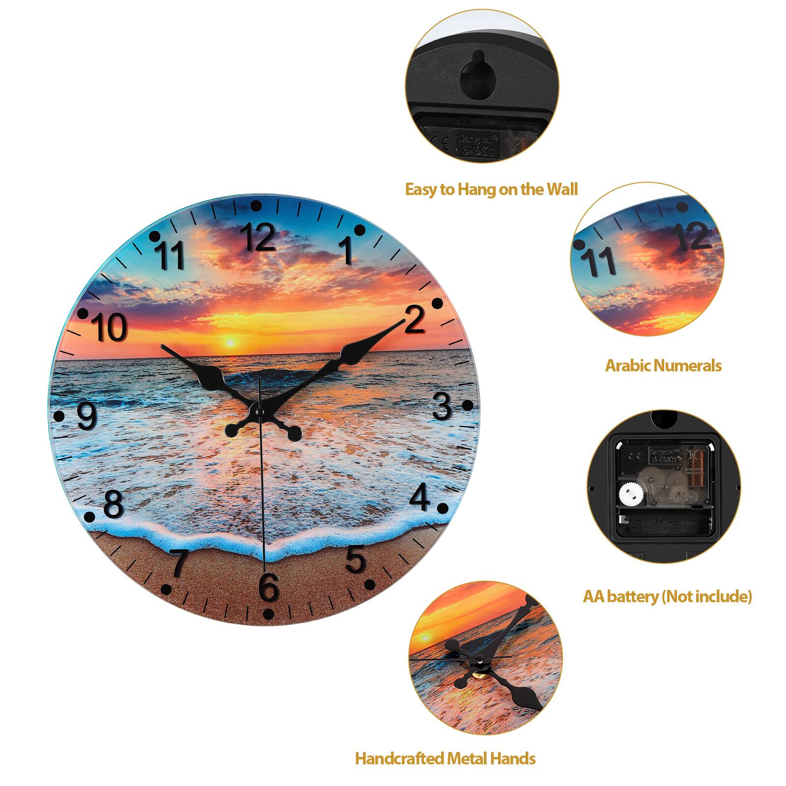 - Easy to Hang on the Wall
- Arabic Numerals
- AA battery (Not include)
- Handcrafted Metal Hands
