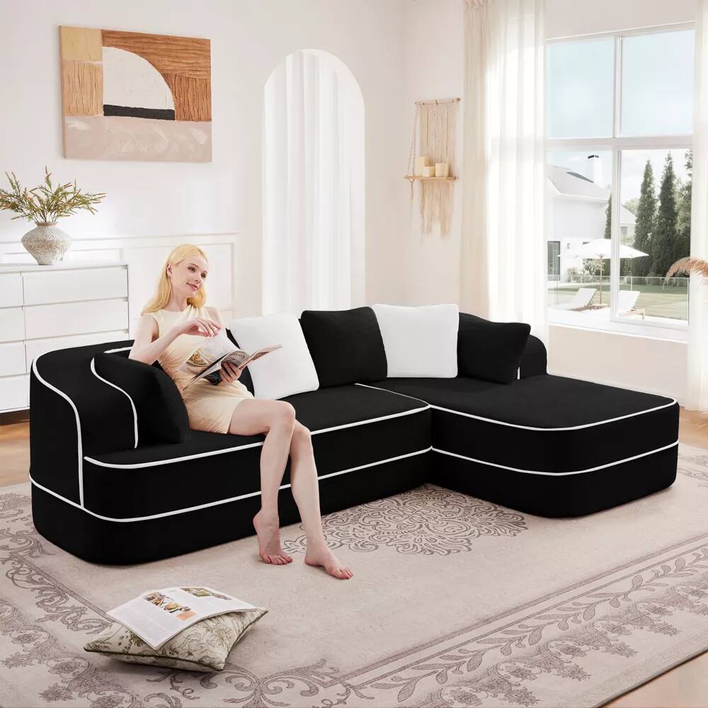 Alt View 7. Aukfa - 106" Fluffy Teddy Fabric Oversized Modular Sectional 3-Seats Sofa with L-Shaped Chaise for Living Room - Black.