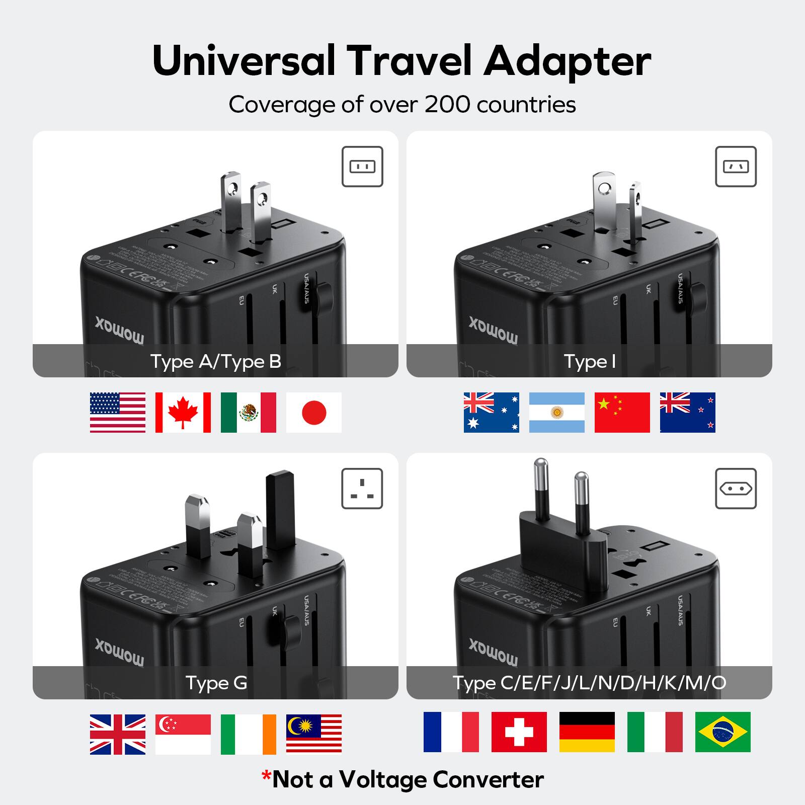 Universal Travel Adapter Coverage of over 200 countries Type A/Type B Type C/E/F/J/L/N/D/H/K/M/O + Not a Voltage Converter