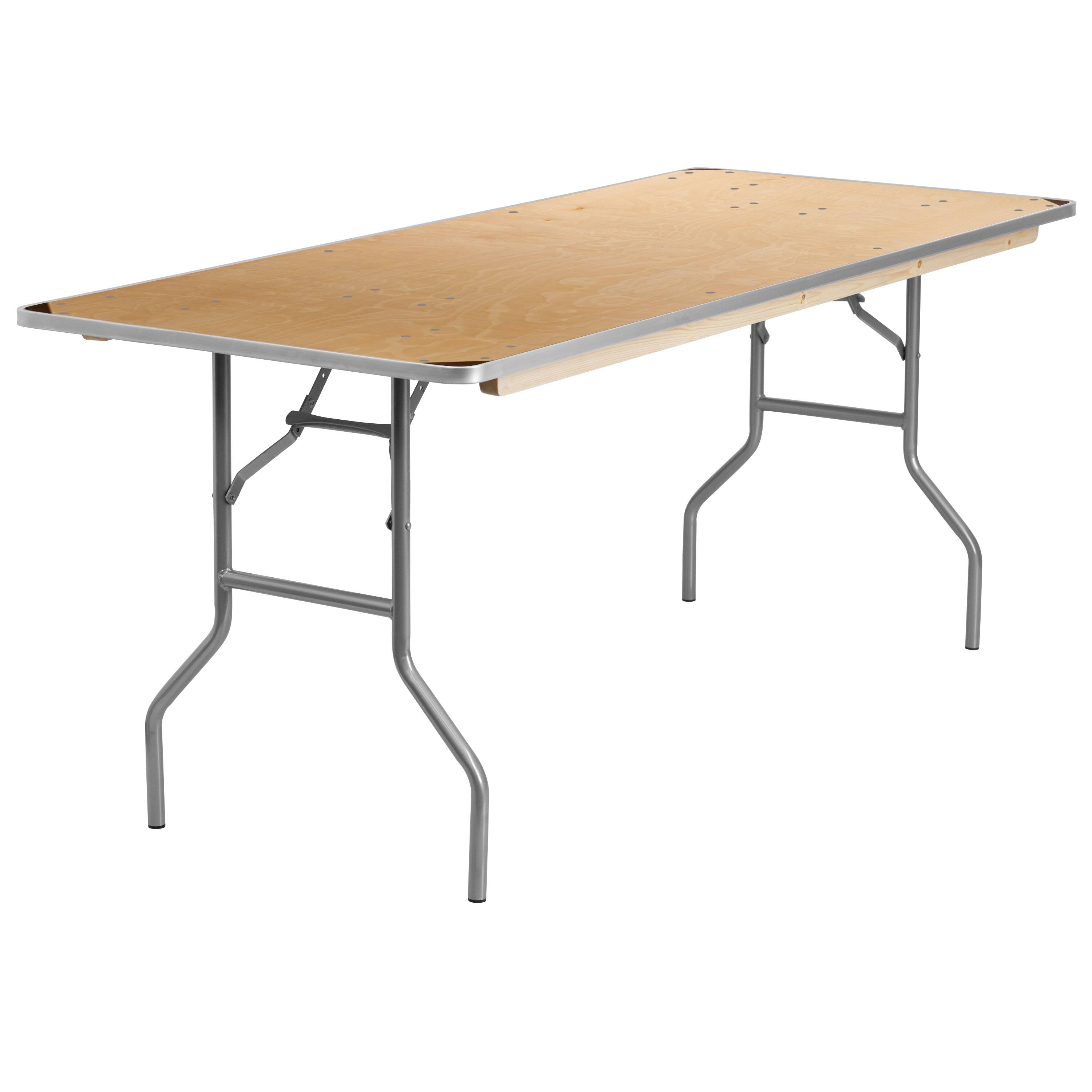 Emma + Oliver - 6-Foot Rectangular HEAVY DUTY Birchwood Folding Banquet Table with METAL Edges and Protective Corner Guards - Natural
