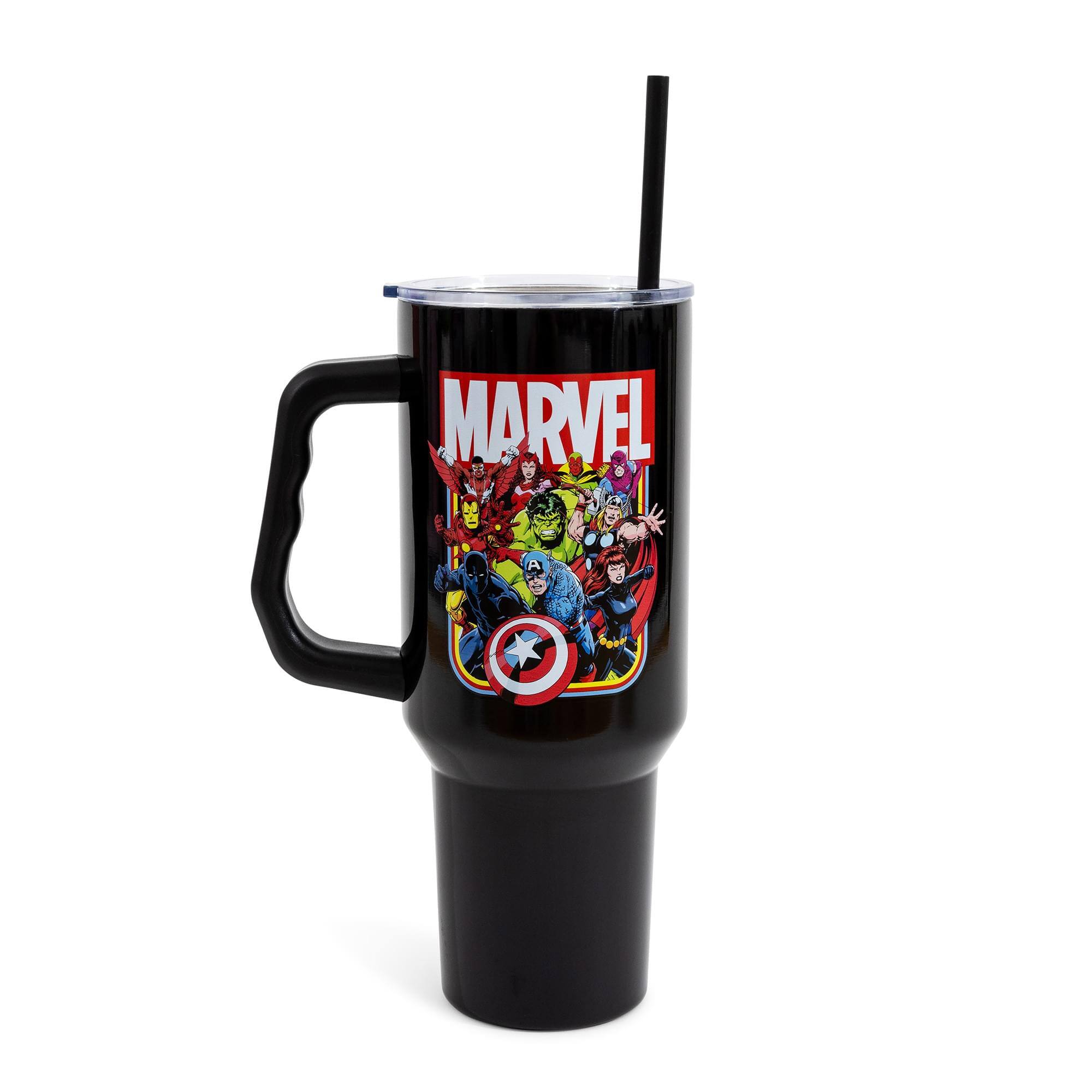 Front. Marvel - Marvel Comics The Avengers 40-Ounce Black Stainless Steel Tumbler With Handle - Black.