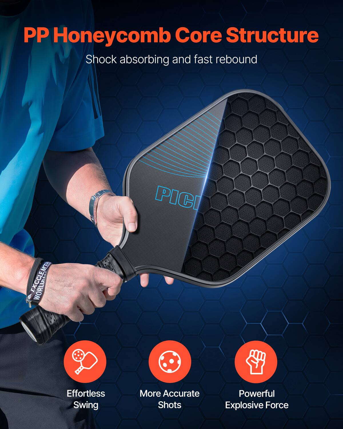PP Honeycomb Core Structure  
Shock absorbing and fast rebound  

Effortless Swing  
More Accurate Shots  
Powerful Explosive Force