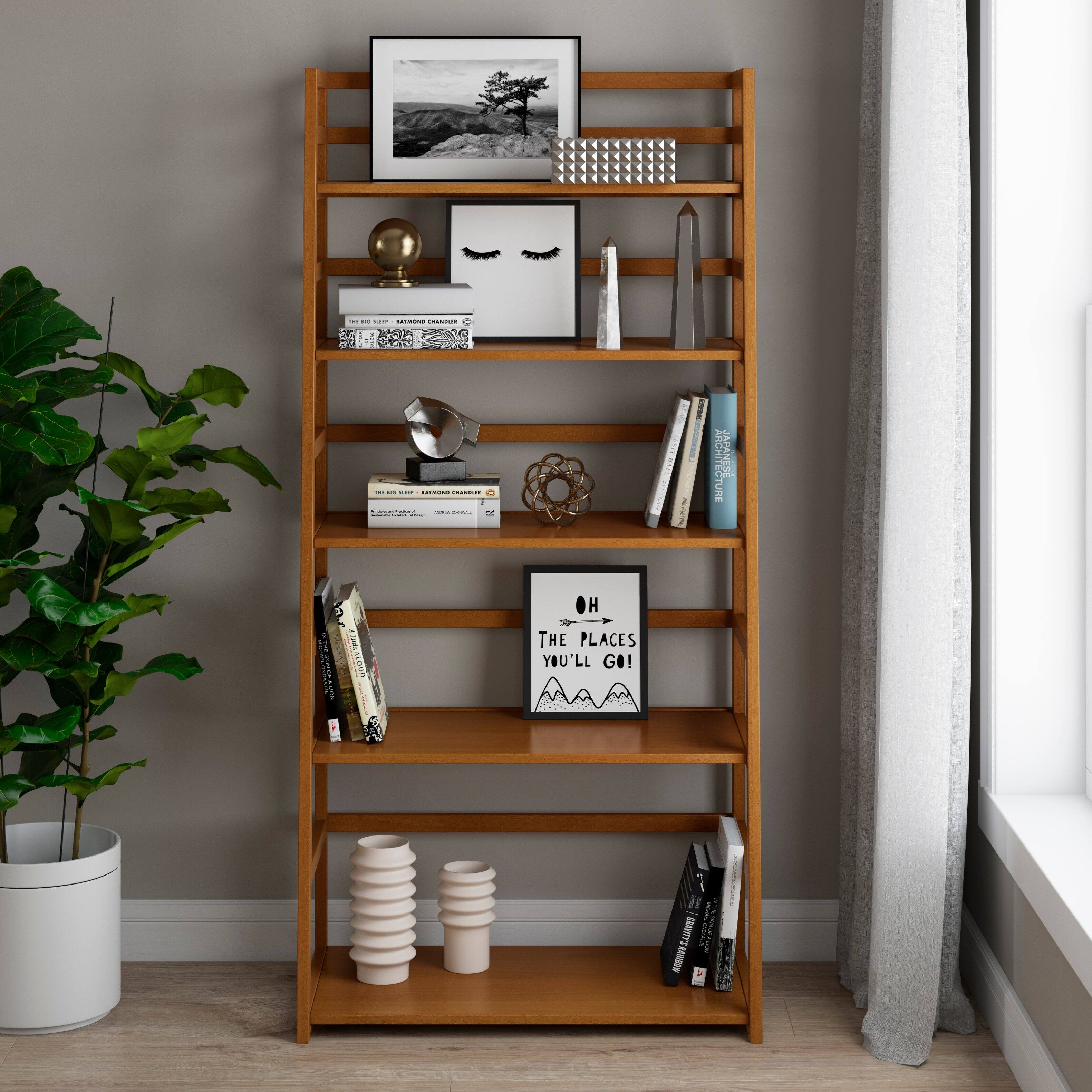 Angle. Simpli Home - Acadian Solid Wood 63 inch x 30 inch Rustic Ladder Shelf Bookcase - Light Golden Brown.