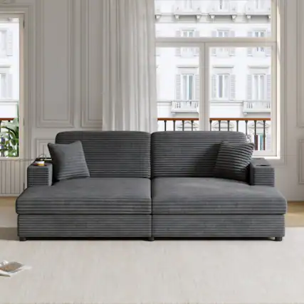 Front. LUCKY ONE - 86.5" Oversized Loveseat Chaise Lounge Sectional Sofa Bed w/ USB Cup Holders - Dark Gray.