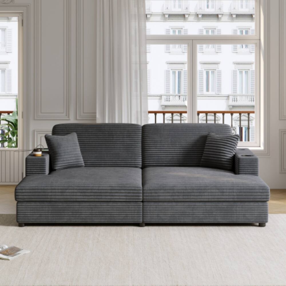 Front. LUCKY ONE - 86.5" Oversized Loveseat Chaise Lounge Sectional Sofa Bed w/ USB Cup Holders - Dark Gray.