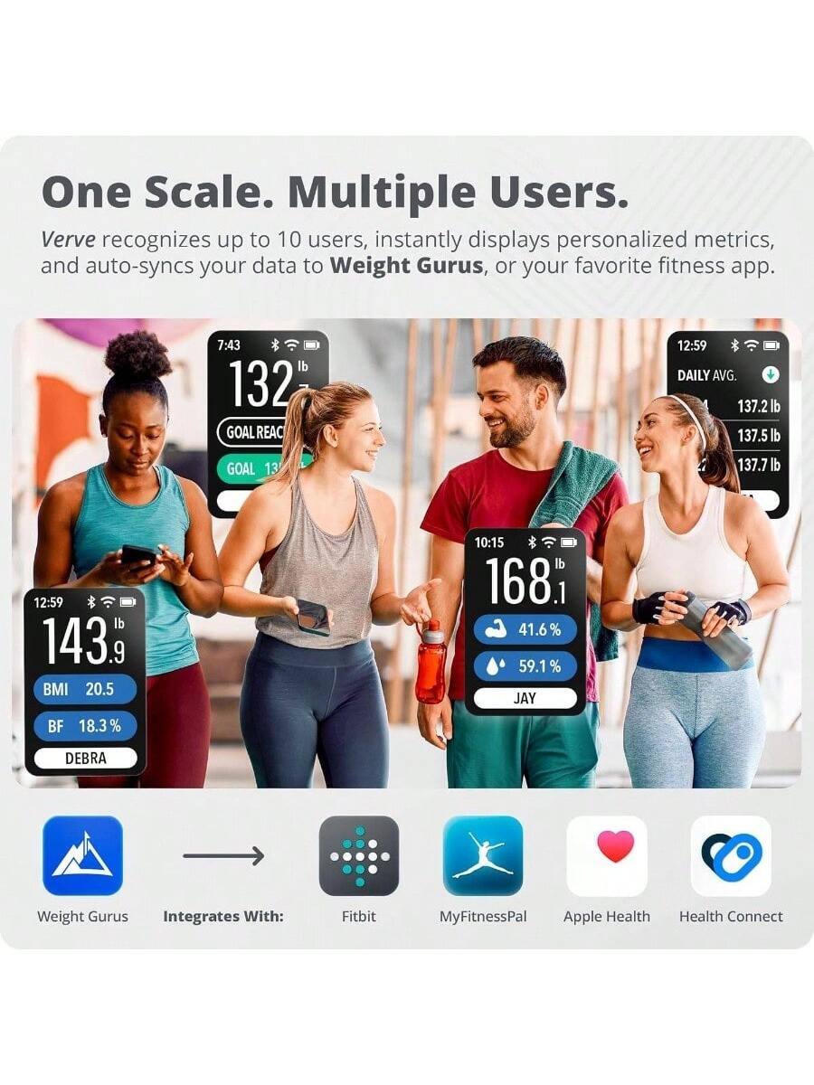 One Scale. Multiple Users.

Verve recognizes up to 10 users, instantly displays personalized metrics, and auto-syncs your data to Weight Gurus, or your favorite fitness app.

7:43 lb 132 GOAL REACH 12:59 DAILY AVG. 137.2 lb 137.5 lb 137.7 lb 12:59 lb 143.9 BMI 20.5 10:15 lb 168 41.6 % 59.1 % JAY BF 18.3% DEBRA

Weight Gurus Integrates With: Fitbit MyFitnessPal Apple Health Health Connect