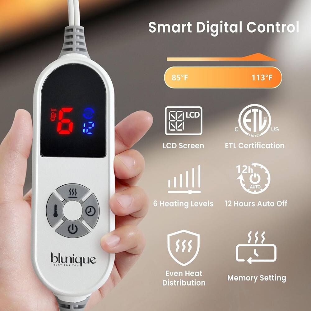 Smart Digital Control  
85°F to 113°F  
LCD Screen  
ETL Certification  
6 Heating Levels  
12 Hours Auto Off  
Even Heat Distribution  
Memory Setting